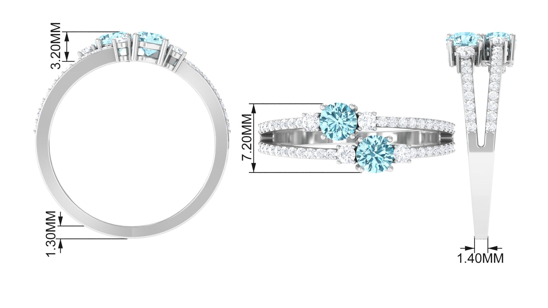 Natural Aquamarine Diamond 2 Stone Promise Ring with Split Shank AAA - Rosec Jewels