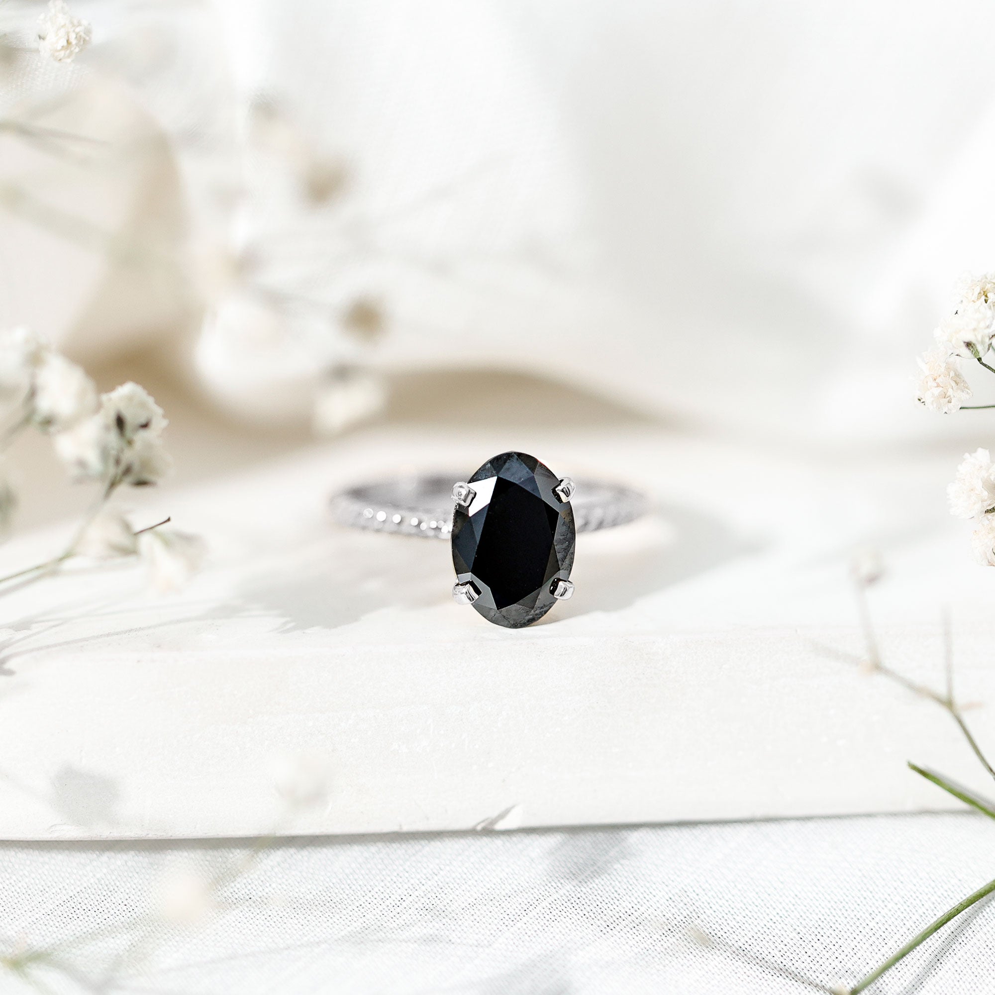4.2 Carat Oval Lab Grown Black Diamond Solitaire Engagement Ring with Surprise White Diamond AAAA ( Synthetic ) - Rosec Jewels