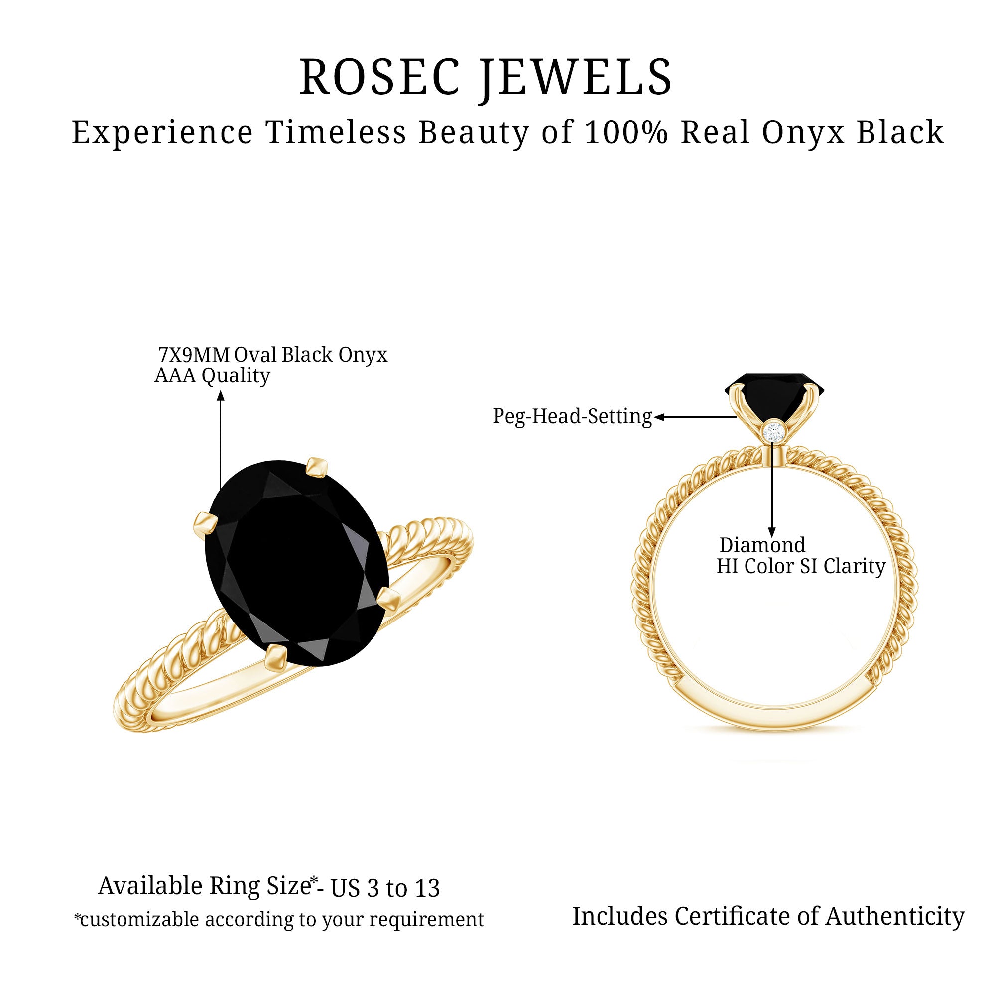 7X9mm Oval Cut Black Onyx Solitaire Engagement Ring with Diamond AAA - Rosec Jewels