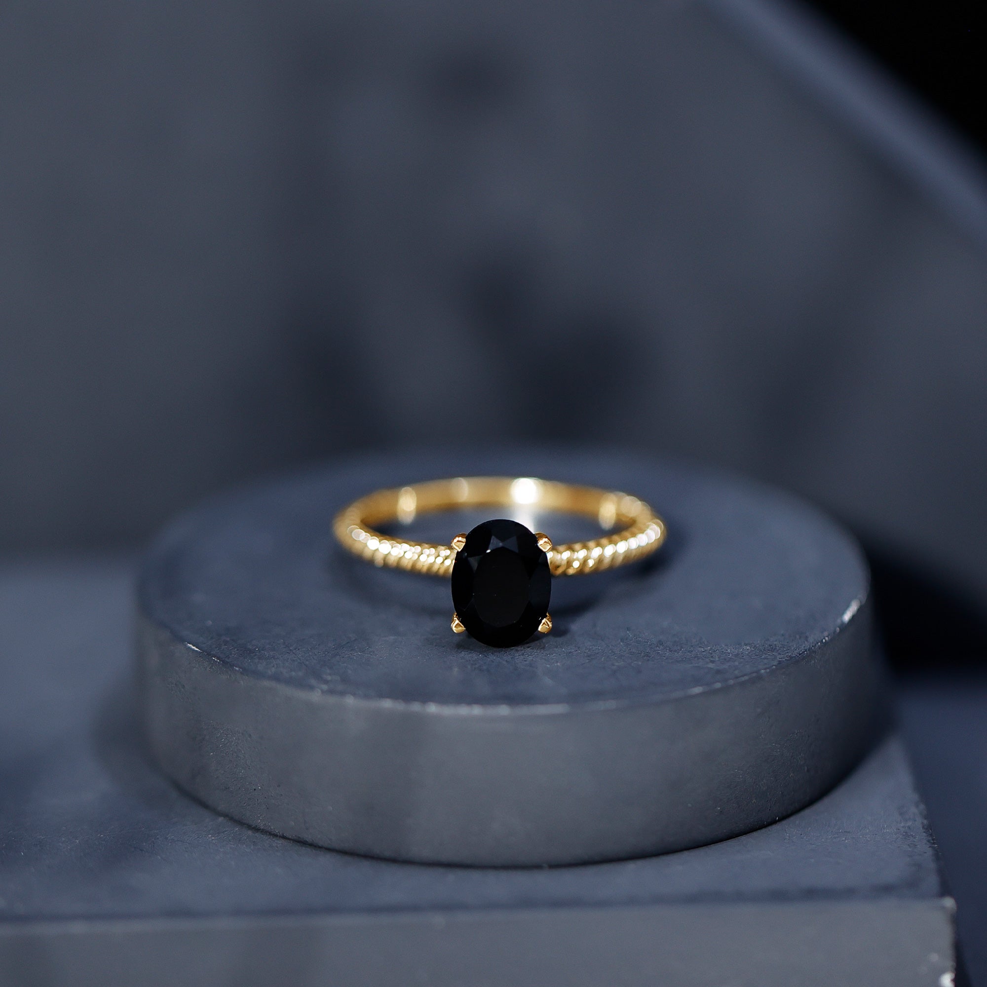 7X9mm Oval Cut Black Onyx Solitaire Engagement Ring with Diamond AAA - Rosec Jewels