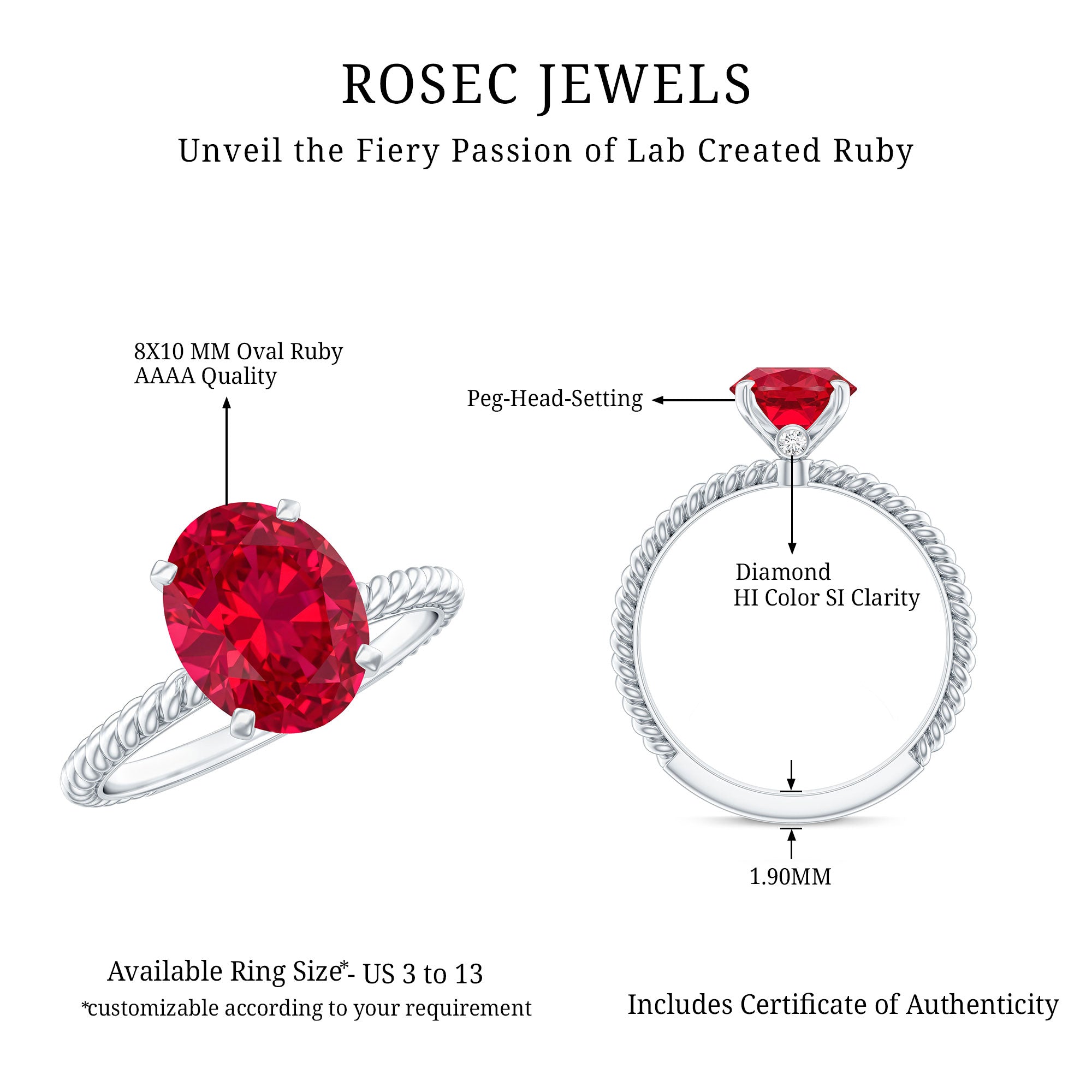 Created Ruby Solitaire Ring with Surprise Diamond and Twisted Rope AAAA - Rosec Jewels