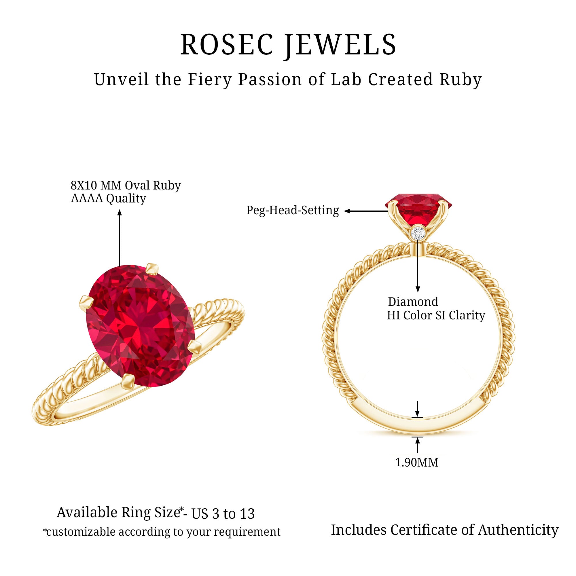 Created Ruby Solitaire Ring with Surprise Diamond and Twisted Rope AAAA - Rosec Jewels
