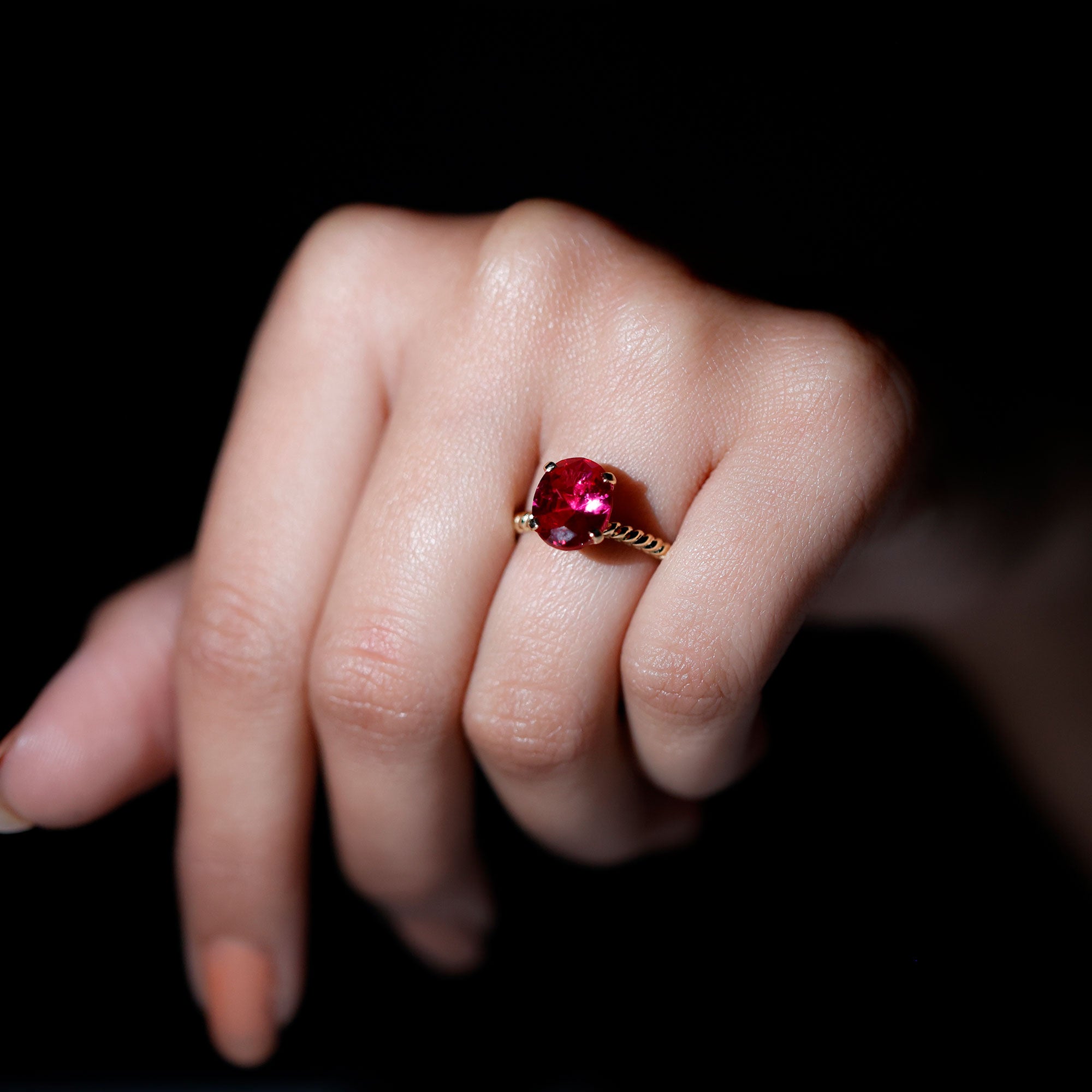 Created Ruby Solitaire Ring with Surprise Diamond and Twisted Rope AAAA - Rosec Jewels