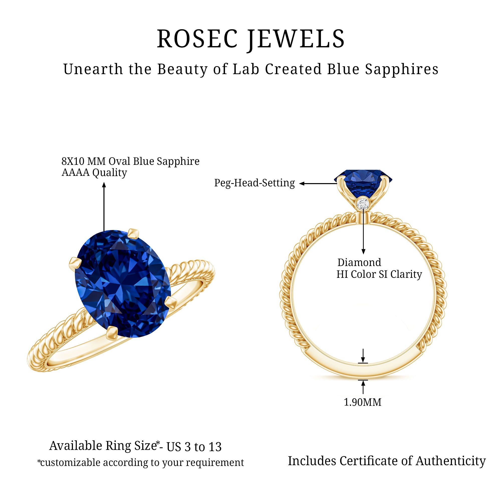 Certified 4 Carat Lab Grown Blue Sapphire Engagement Ring with Surprise Diamond AAAA - Rosec Jewels