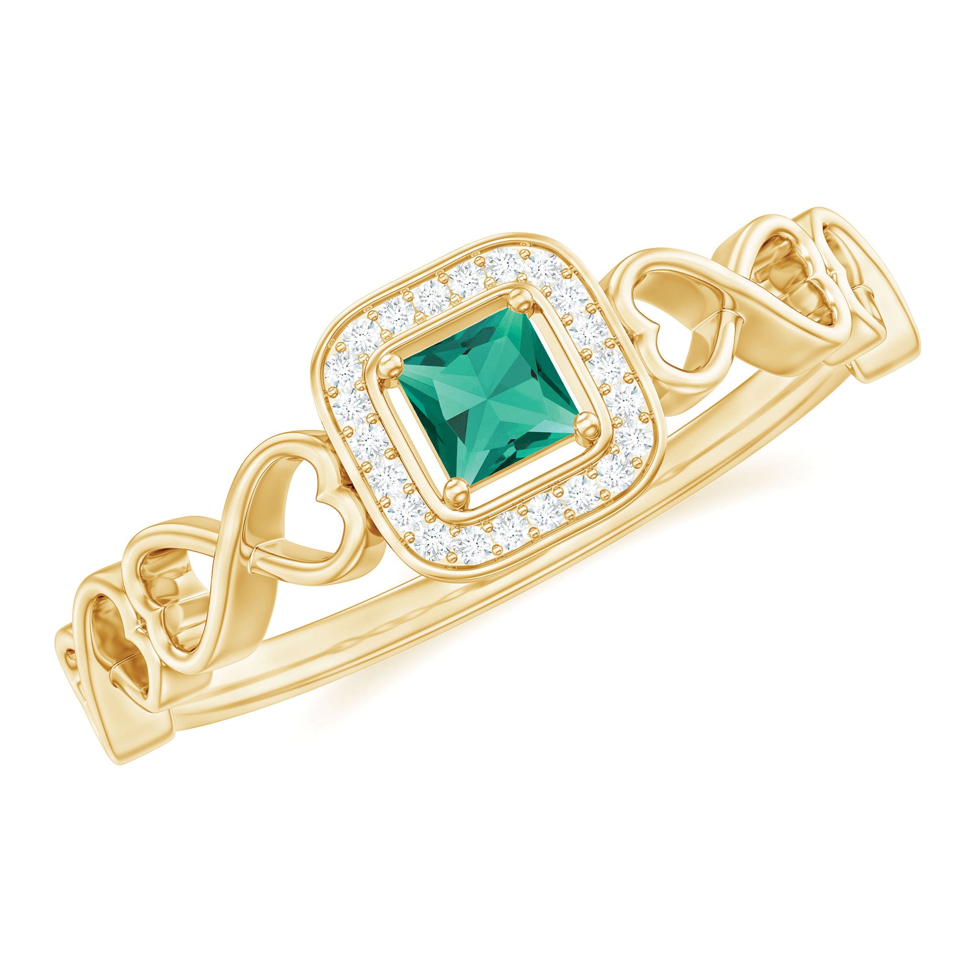 Lab Grown Emerald Princess Cut Promise Ring with Diamond Halo AAAA - Rosec Jewels