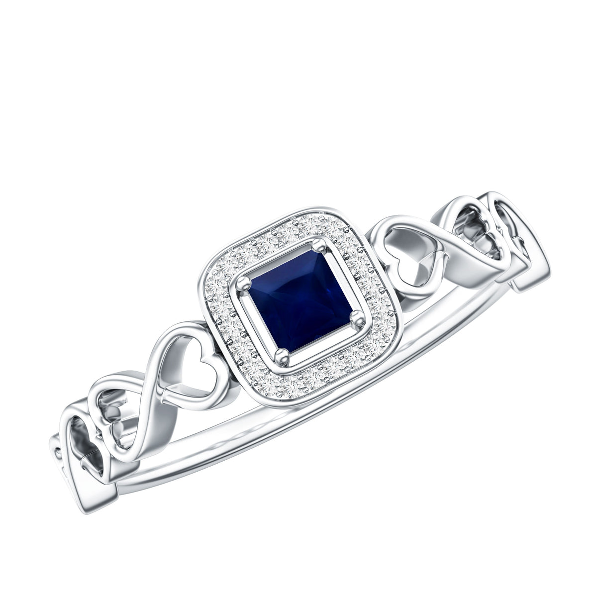 Natural Princess Cut Blue Sapphire Diamond Promise Ring with Infinity Heart Shank