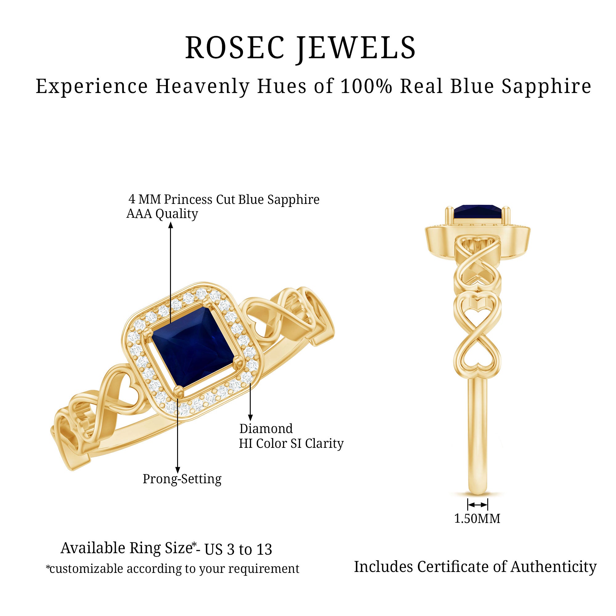 Natural Princess Cut Blue Sapphire Diamond Promise Ring with Infinity Heart Shank AAA - Rosec Jewels