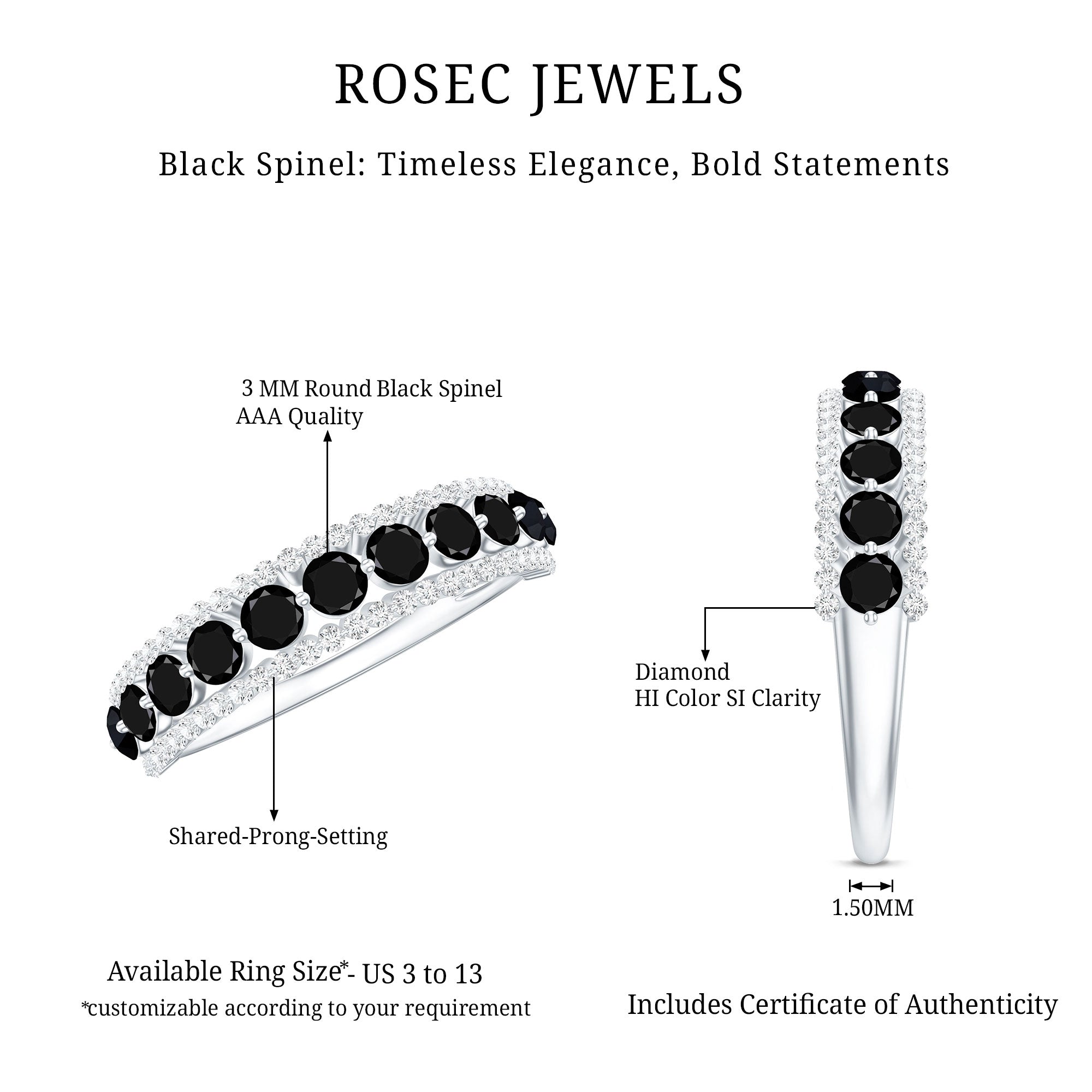Natural Black Spinel Diamond Half Eternity Ring for Anniversary AAA - Rosec Jewels