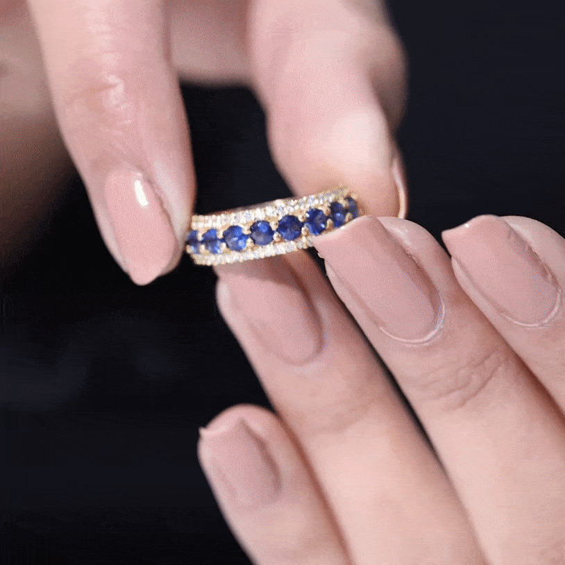 Certified Lab Grown Blue Sapphire Half Eternity Band Ring with Diamond AAAA - Rosec Jewels