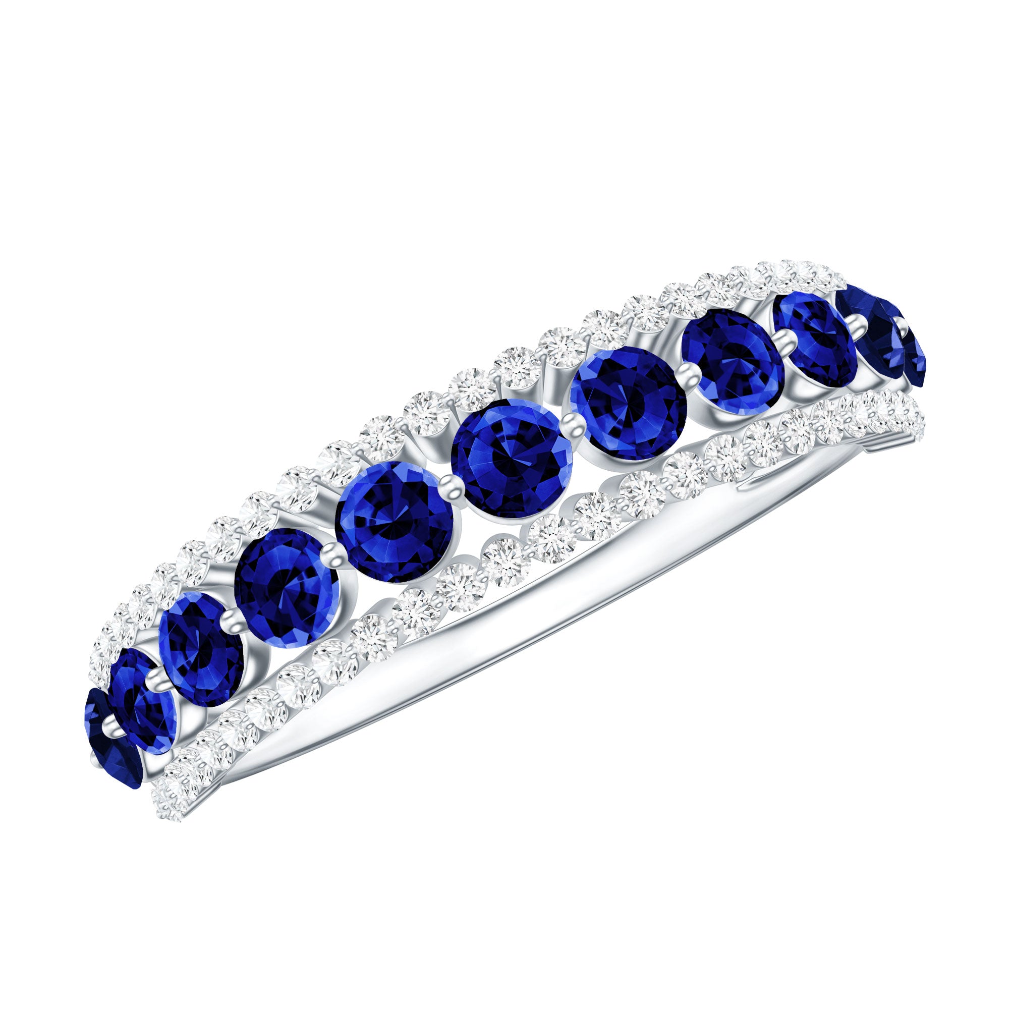 Certified Lab Grown Blue Sapphire Half Eternity Band Ring with Diamond AAAA - Rosec Jewels