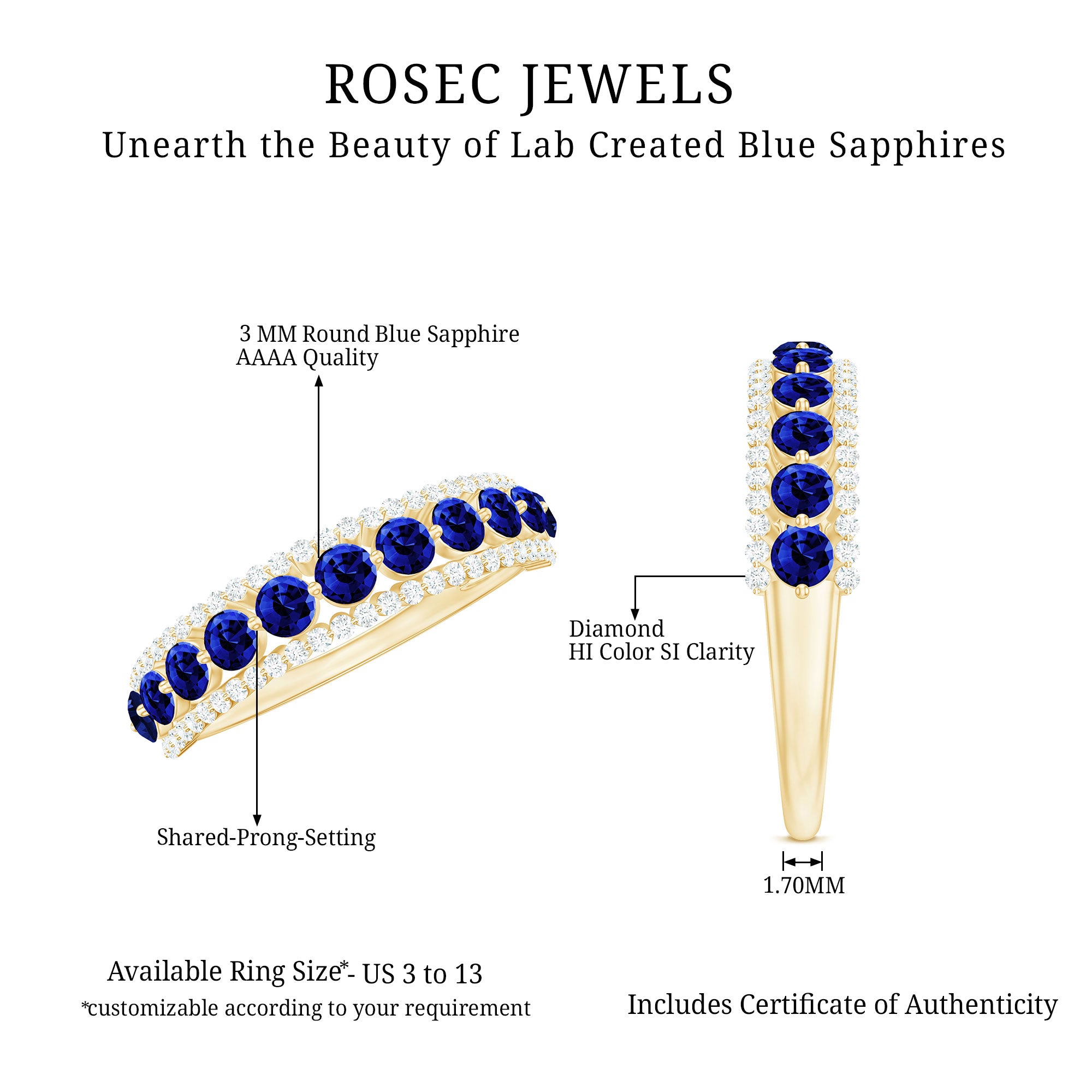 Certified Lab Grown Blue Sapphire Half Eternity Band Ring with Diamond AAAA - Rosec Jewels