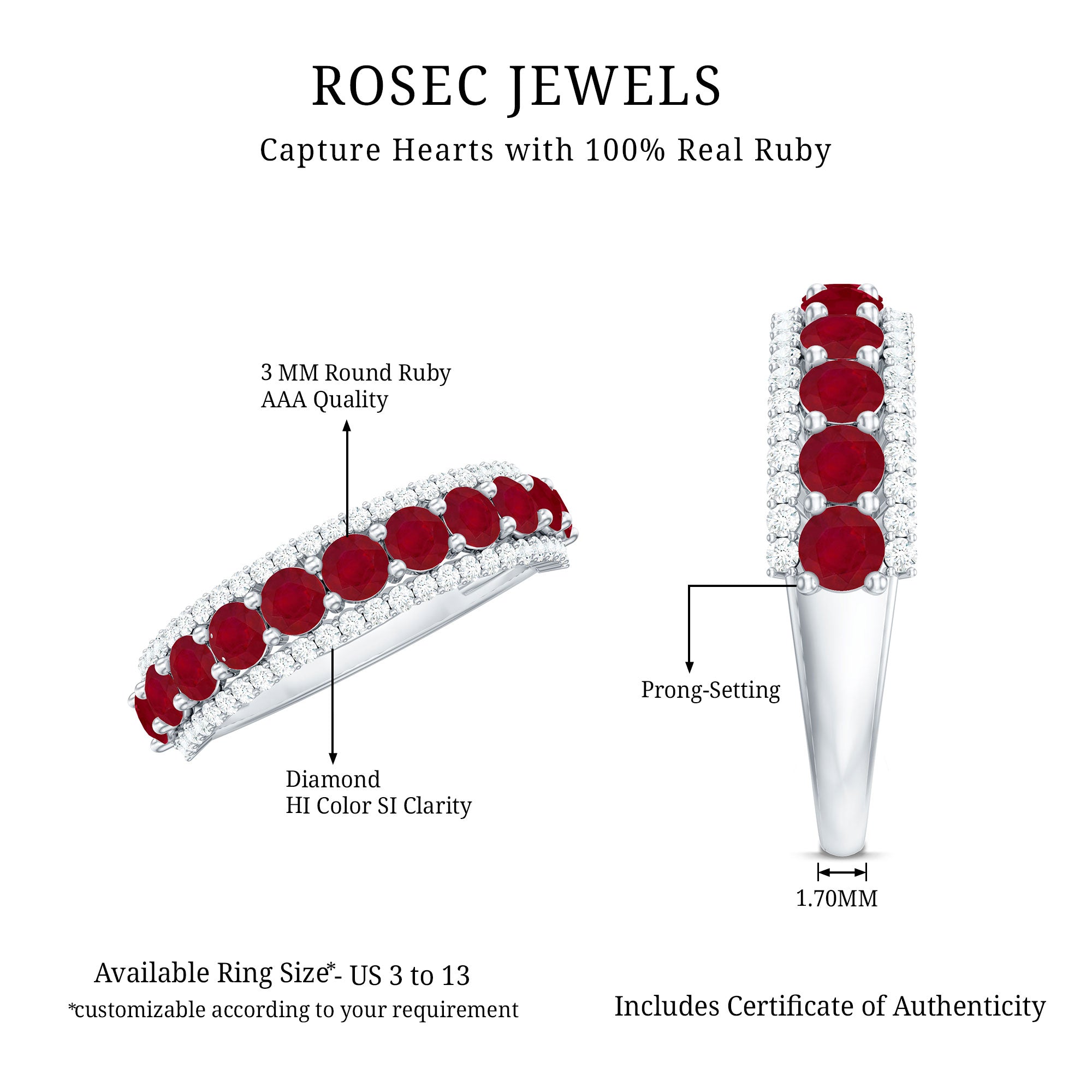 Natural Ruby Diamond Half Eternity Anniversary Band Ring for Women AAA - Rosec Jewels