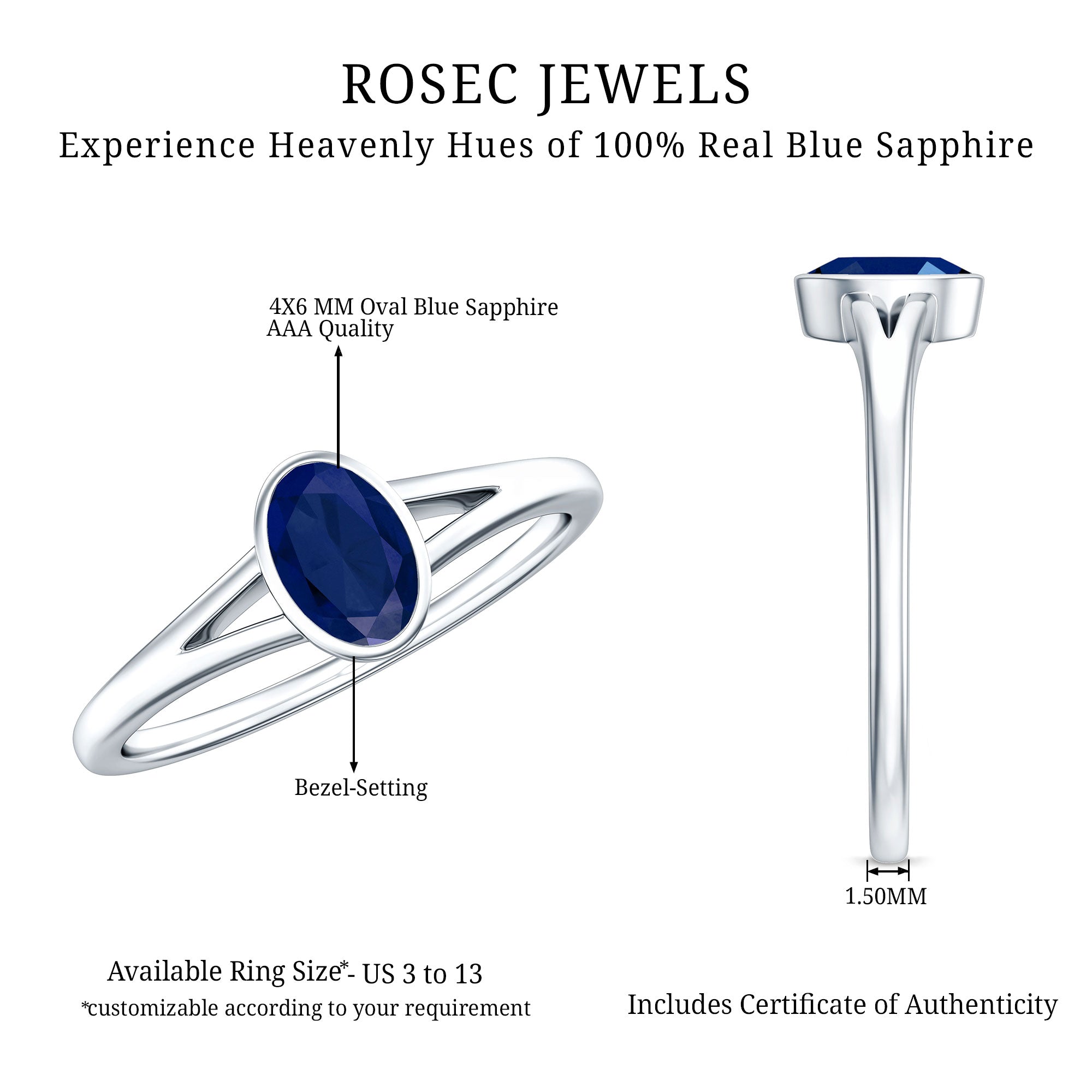 Natural 0.6 Carat Oval Shape Blue Sapphire Promise Ring with Split Shank AAA - Rosec Jewels