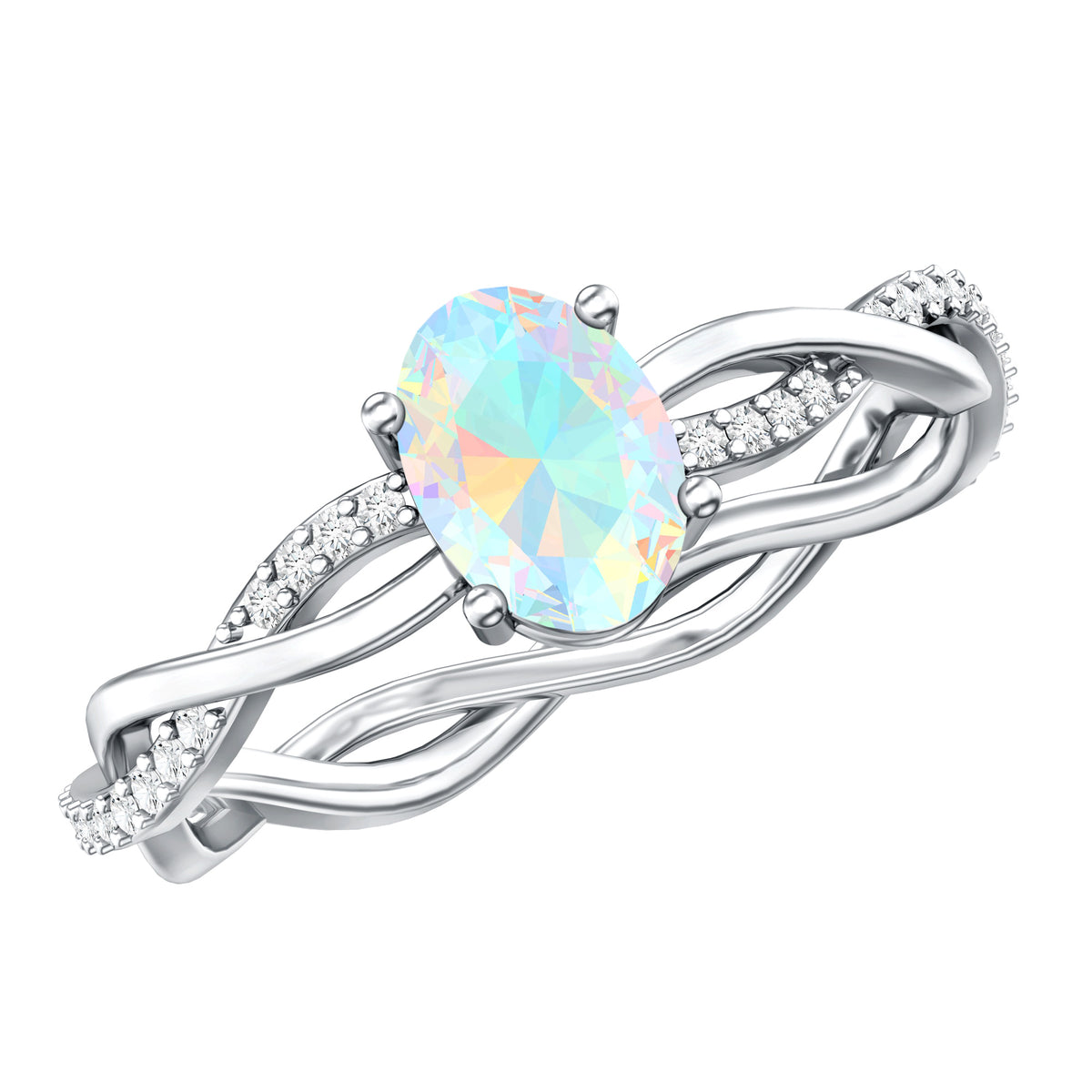1 Carat Natural Opalescent Oval Engagement Ring with Diamond Braided Shank AAA - Rosec Jewels