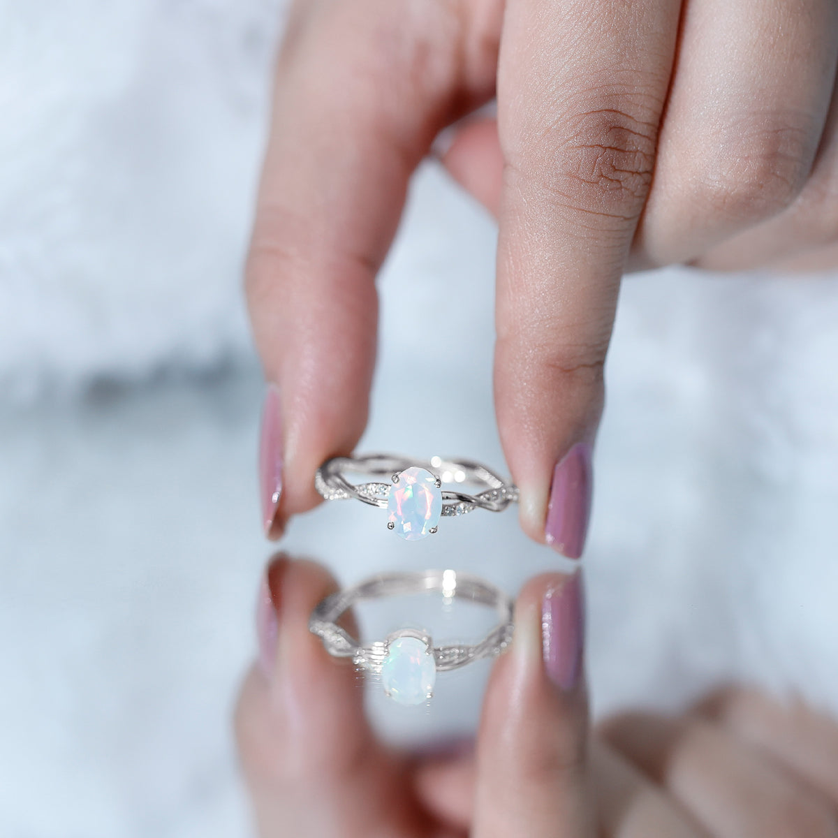 1 Carat Natural Opalescent Oval Engagement Ring with Diamond Braided Shank AAA - Rosec Jewels