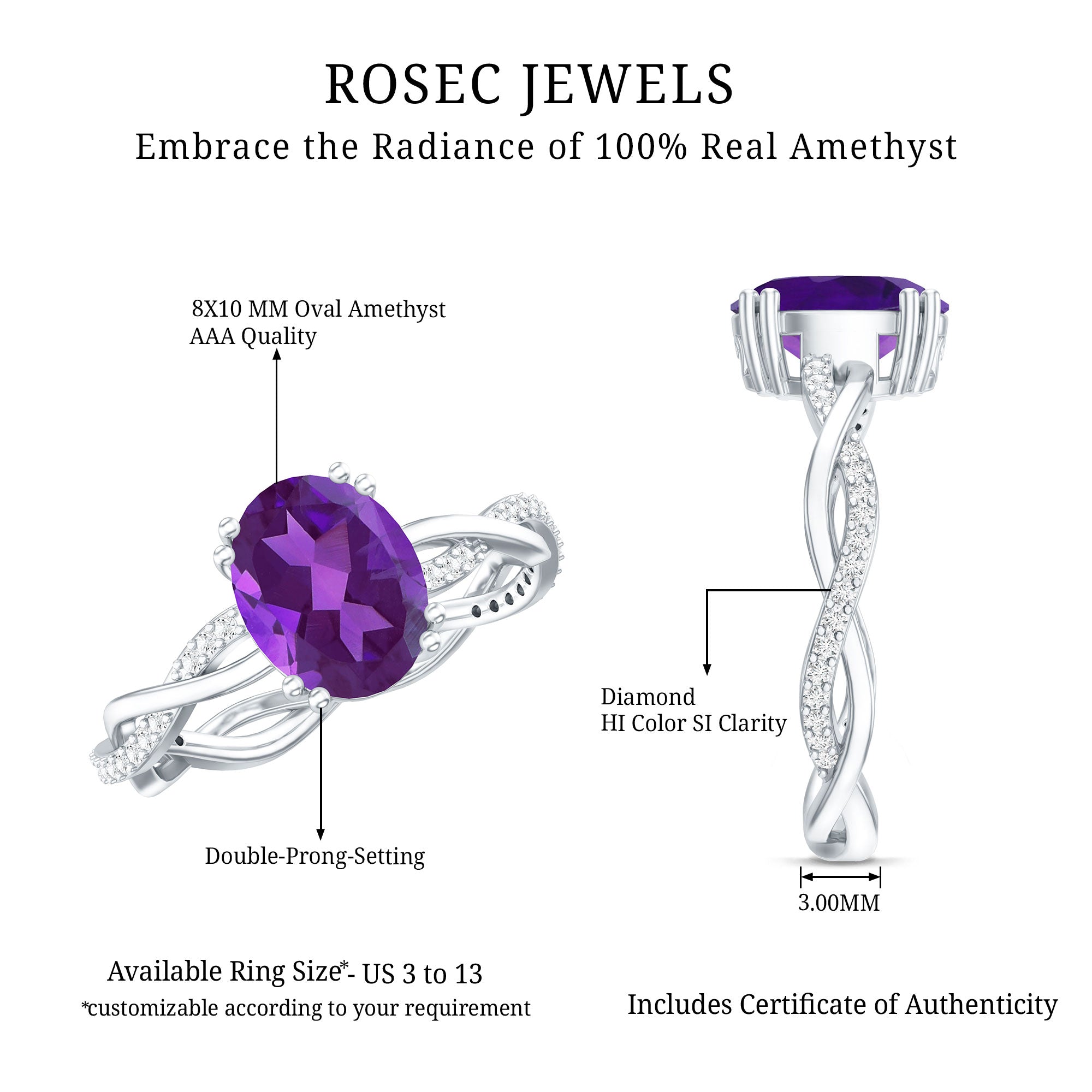 2.5 Carat Amethyst Oval Engagement Ring with Diamond Braided Shank AAA - Rosec Jewels