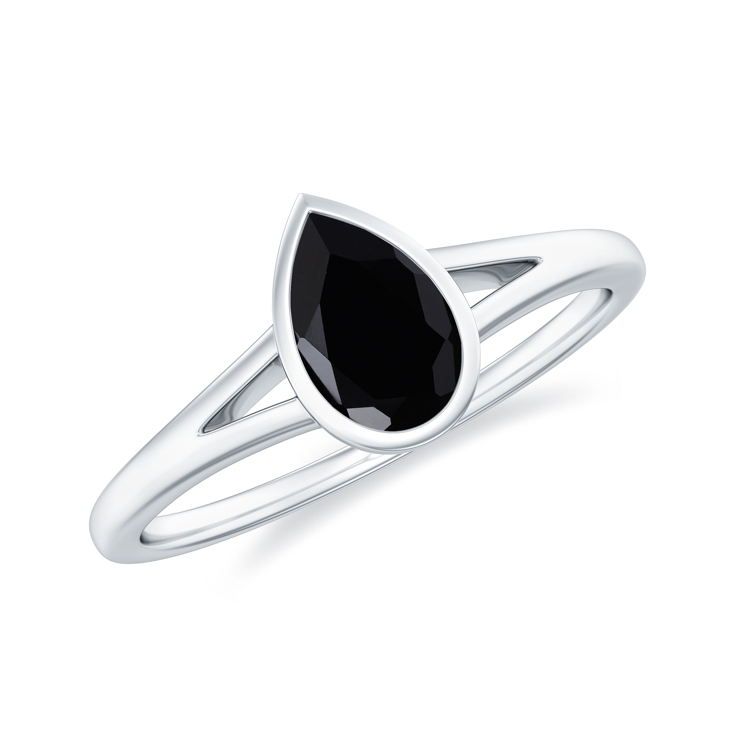 Bezel Set Black Onyx Pear Engagement Ring in Split Shank