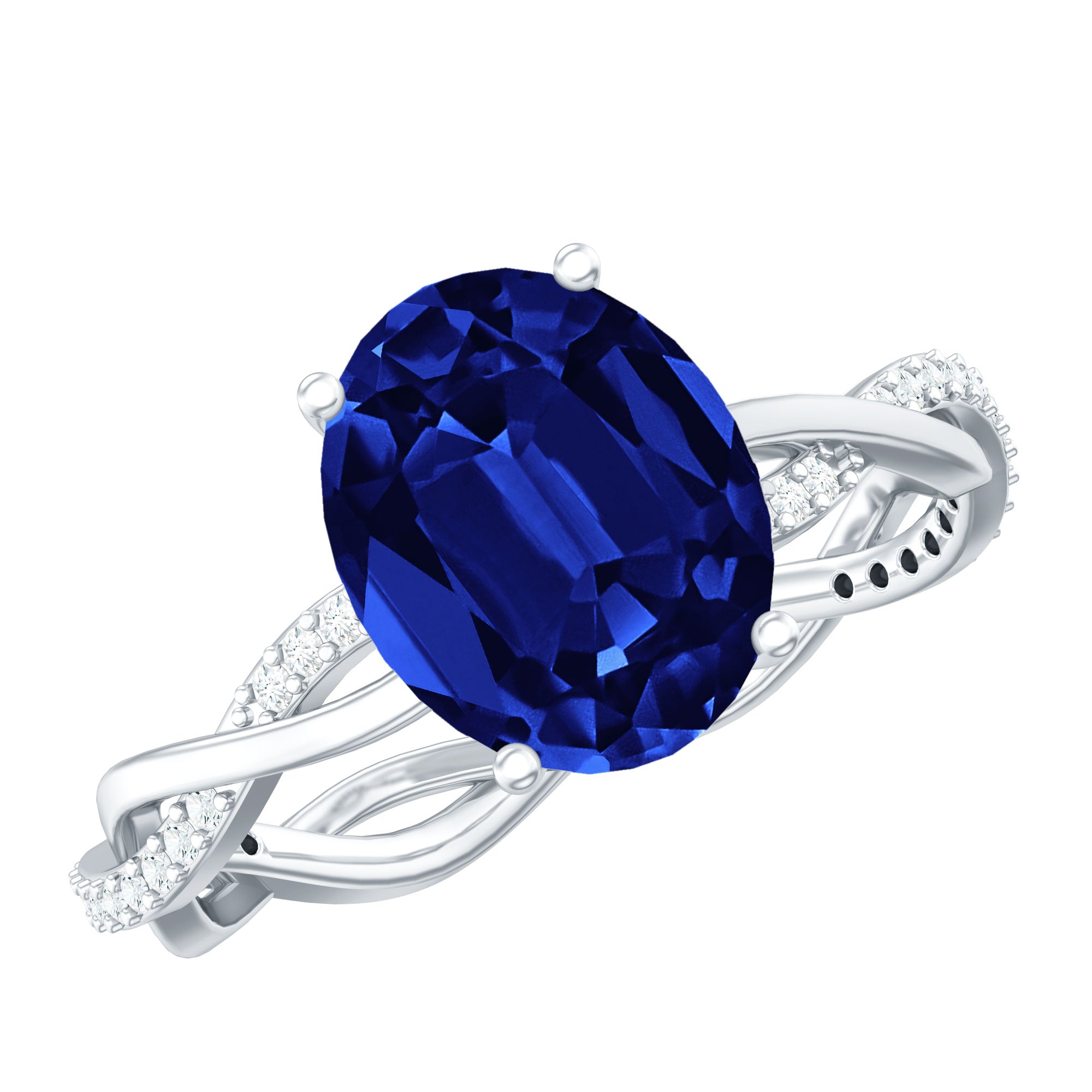 Certified 4 Carat Lab Grown Blue Sapphire Oval Engagement Ring with Diamond Braided Shank AAAA - Rosec Jewels