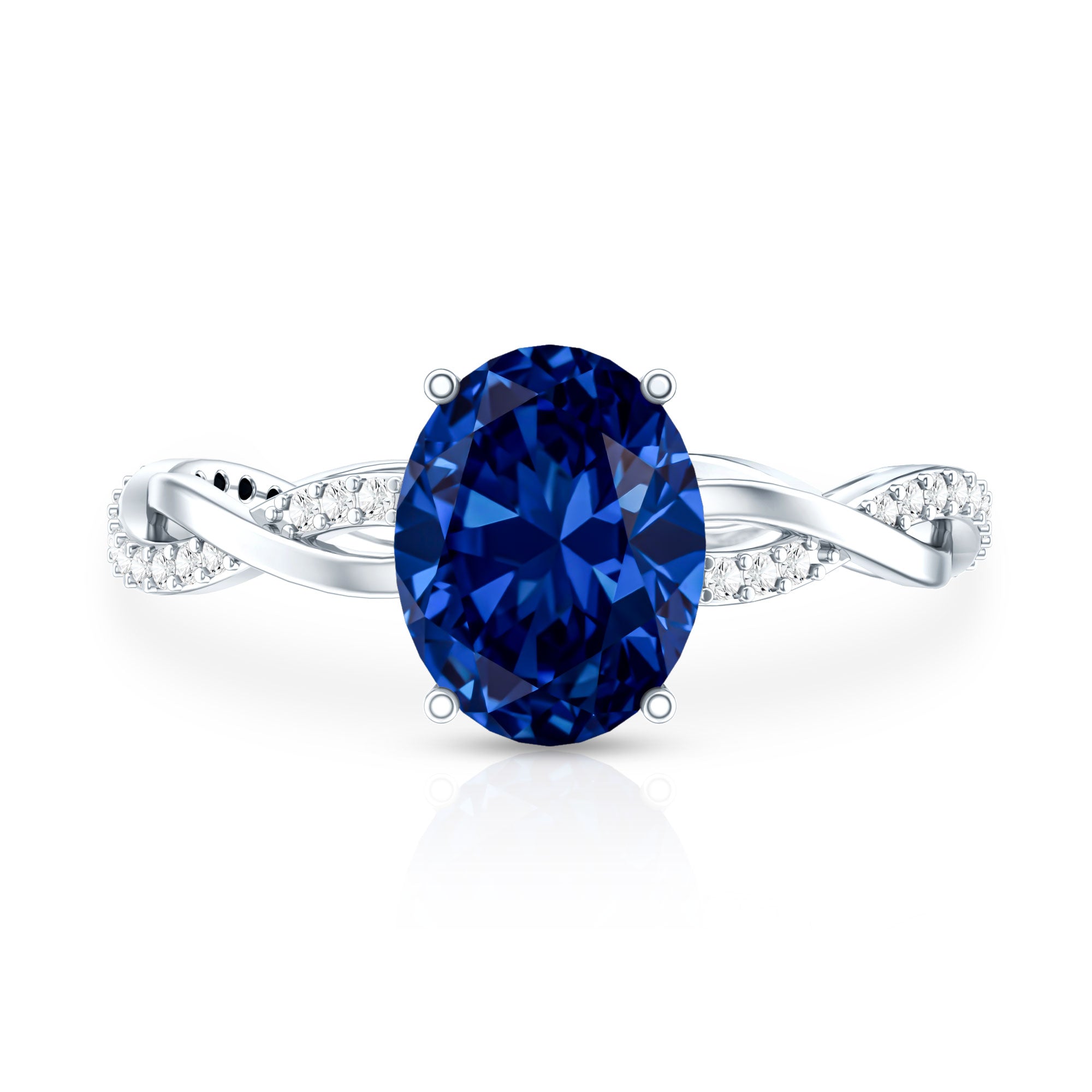Certified 4 Carat Lab Grown Blue Sapphire Oval Engagement Ring with Diamond Braided Shank AAAA - Rosec Jewels