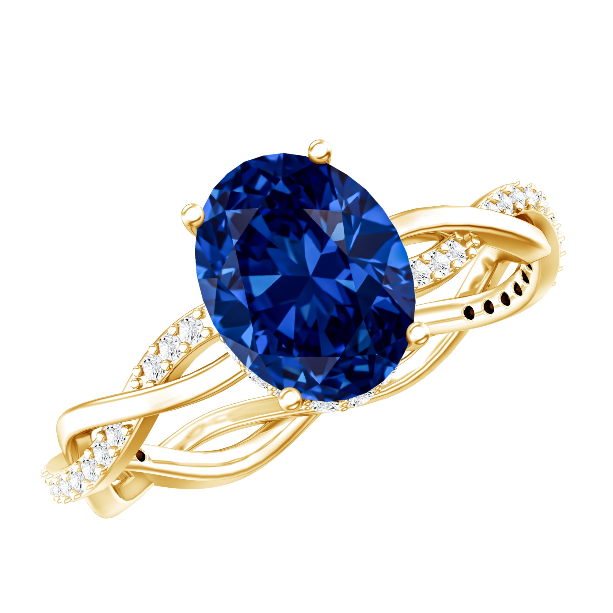 Certified 4 Carat Lab Grown Blue Sapphire Oval Engagement Ring with Diamond Braided Shank AAAA - Rosec Jewels
