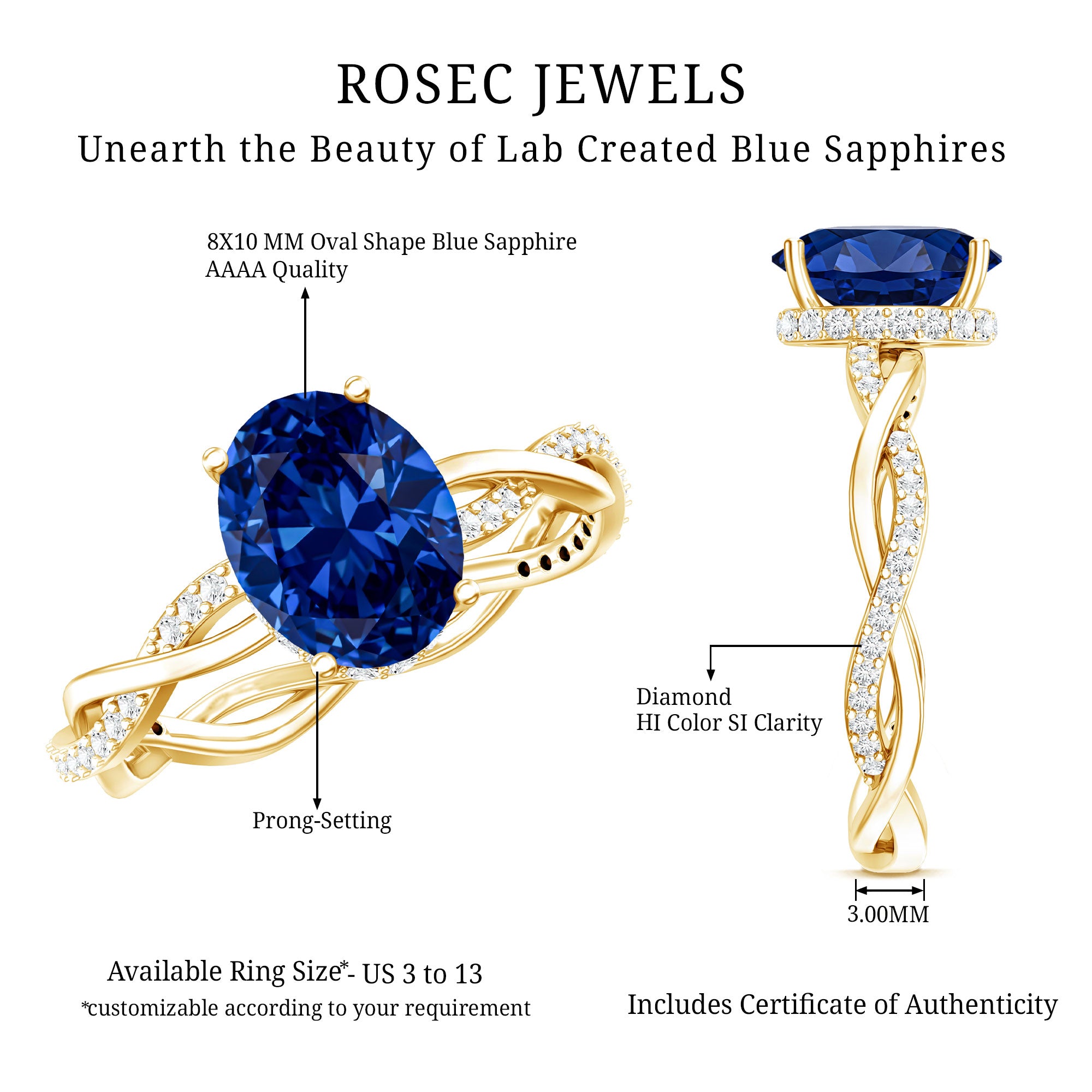 Certified 4 Carat Lab Grown Blue Sapphire Oval Engagement Ring with Diamond Braided Shank AAAA - Rosec Jewels