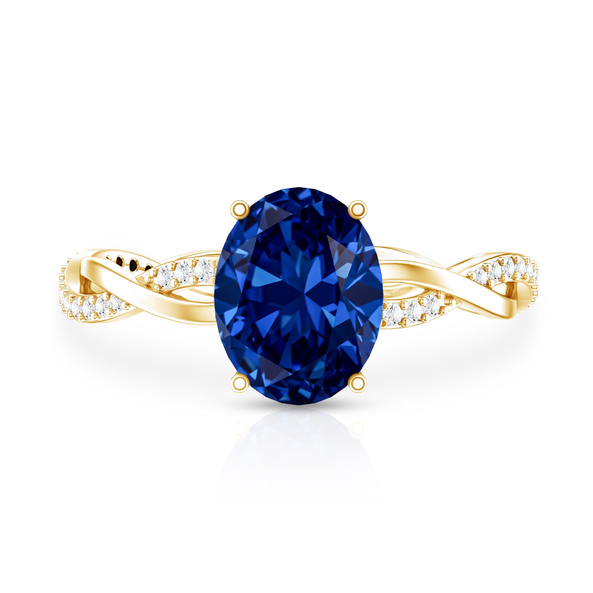 Certified 4 Carat Lab Grown Blue Sapphire Oval Engagement Ring with Diamond Braided Shank AAAA - Rosec Jewels