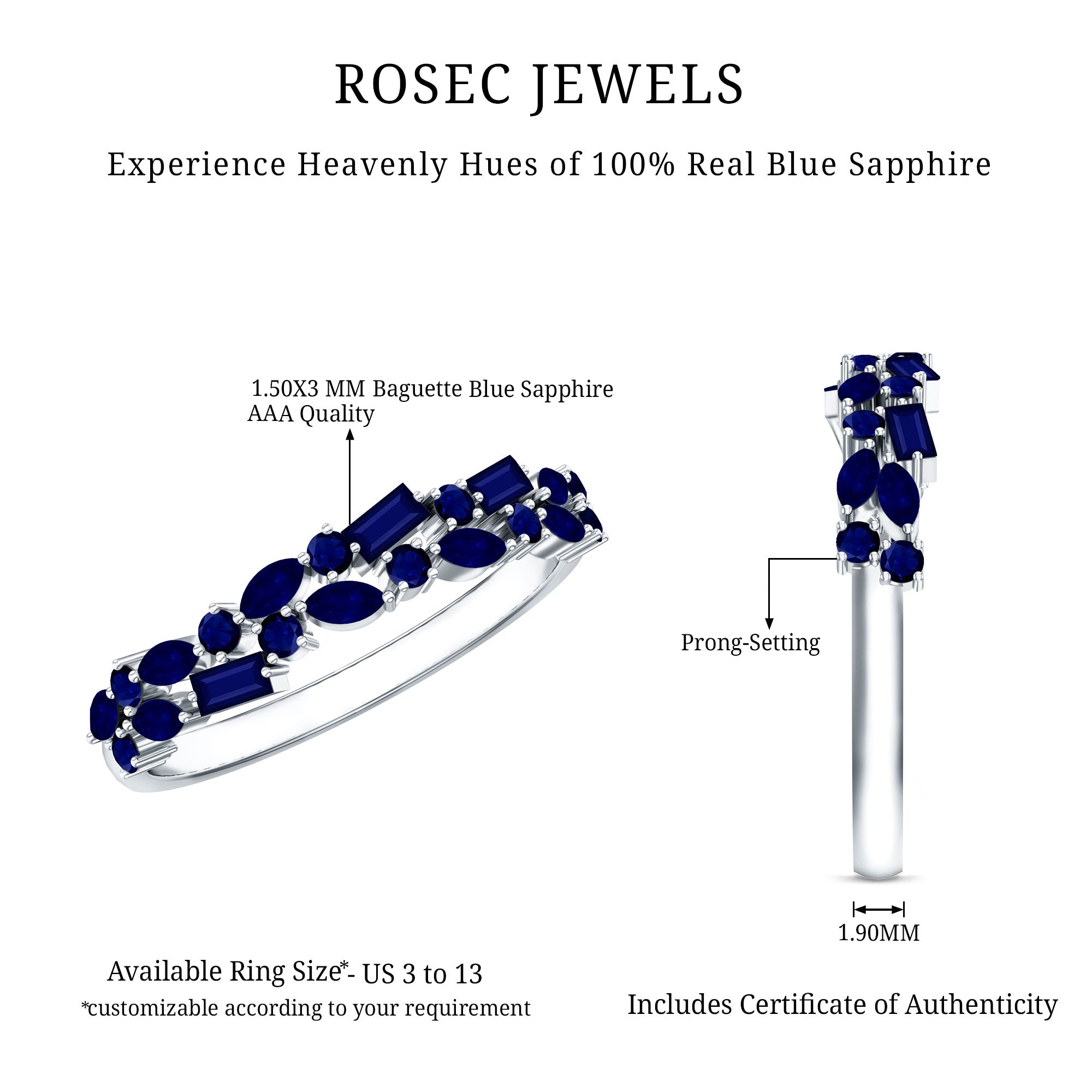 Natural Blue Sapphire Half Eternity Anniversary Ring for Women AAA - Rosec Jewels