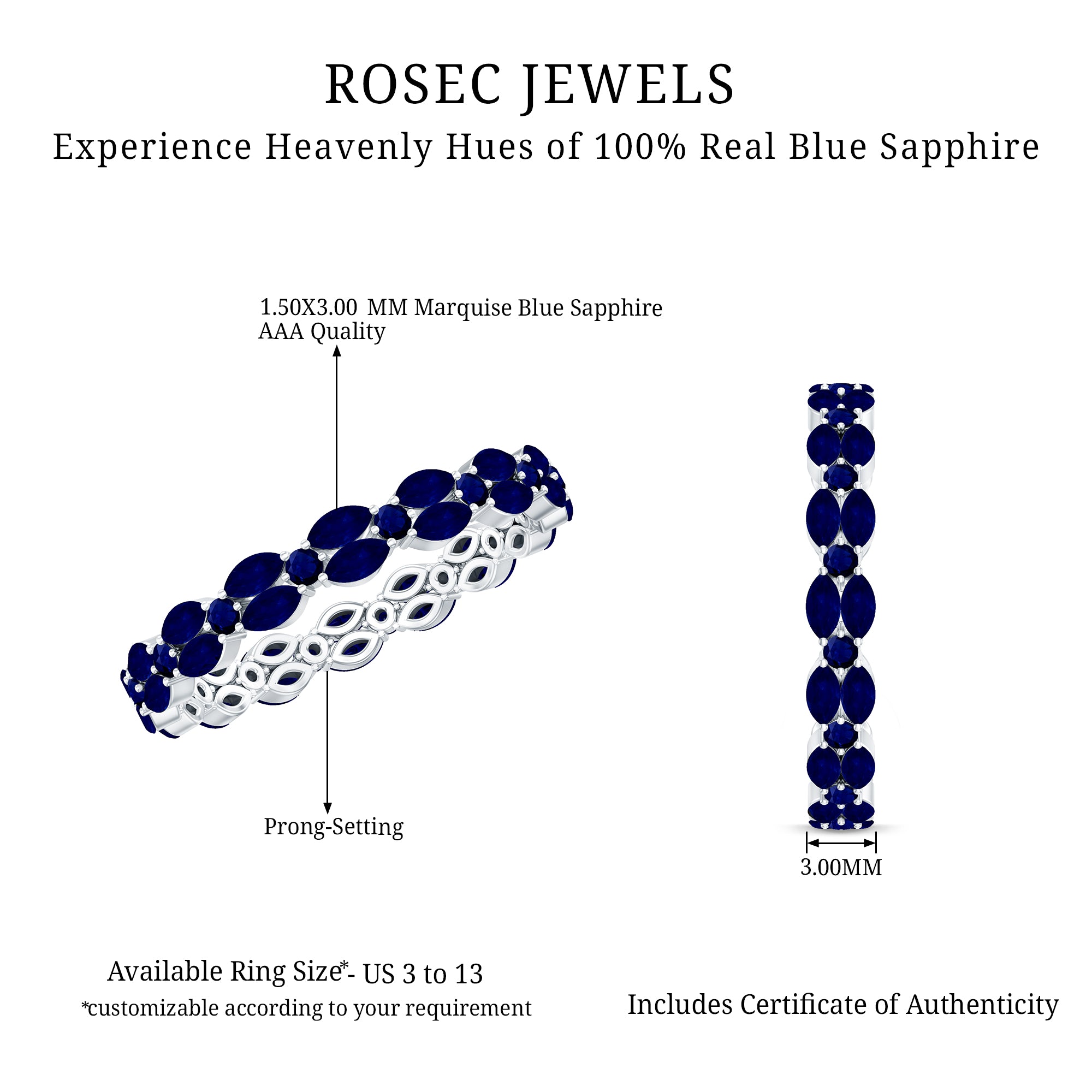 Rosec Jewels-1.5 CT Marquise and Round Blue Sapphire Contemporary Full Eternity Ring