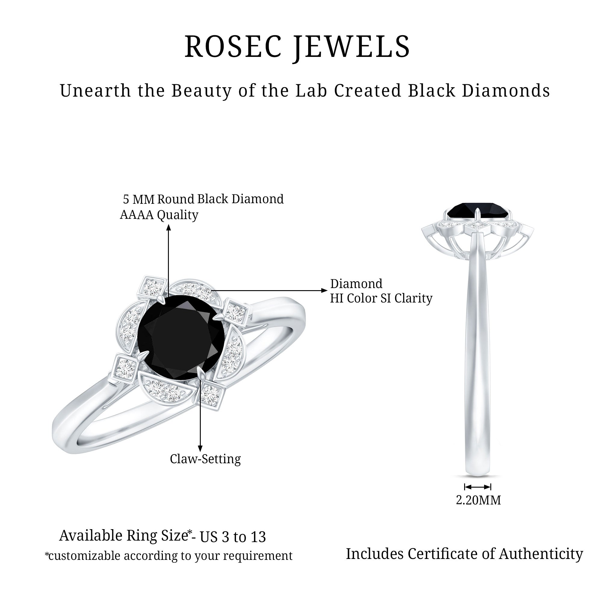 Vintage Looking 0.8 Carat Lab Grown Black and White Diamond Engagement Ring AAAA ( Synthetic ) - Rosec Jewels
