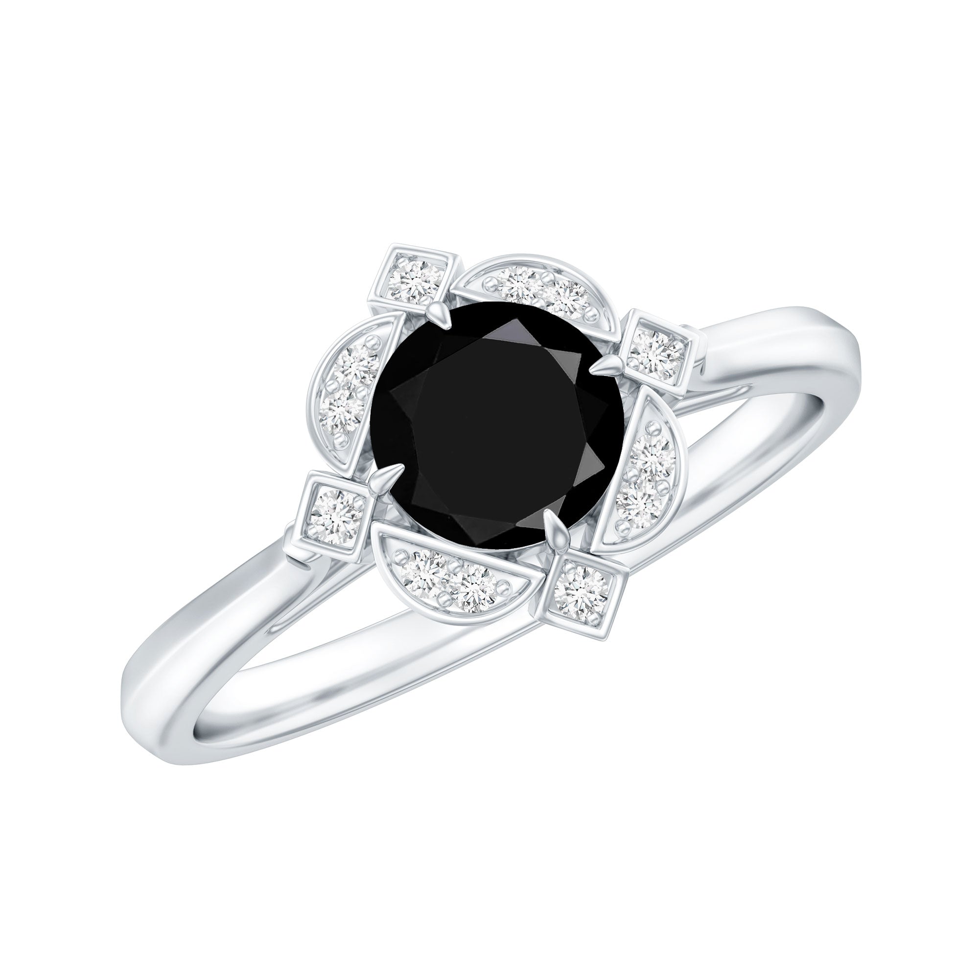 Vintage Style Black Spinel Engagement Ring with Diamond AAA - Rosec Jewels