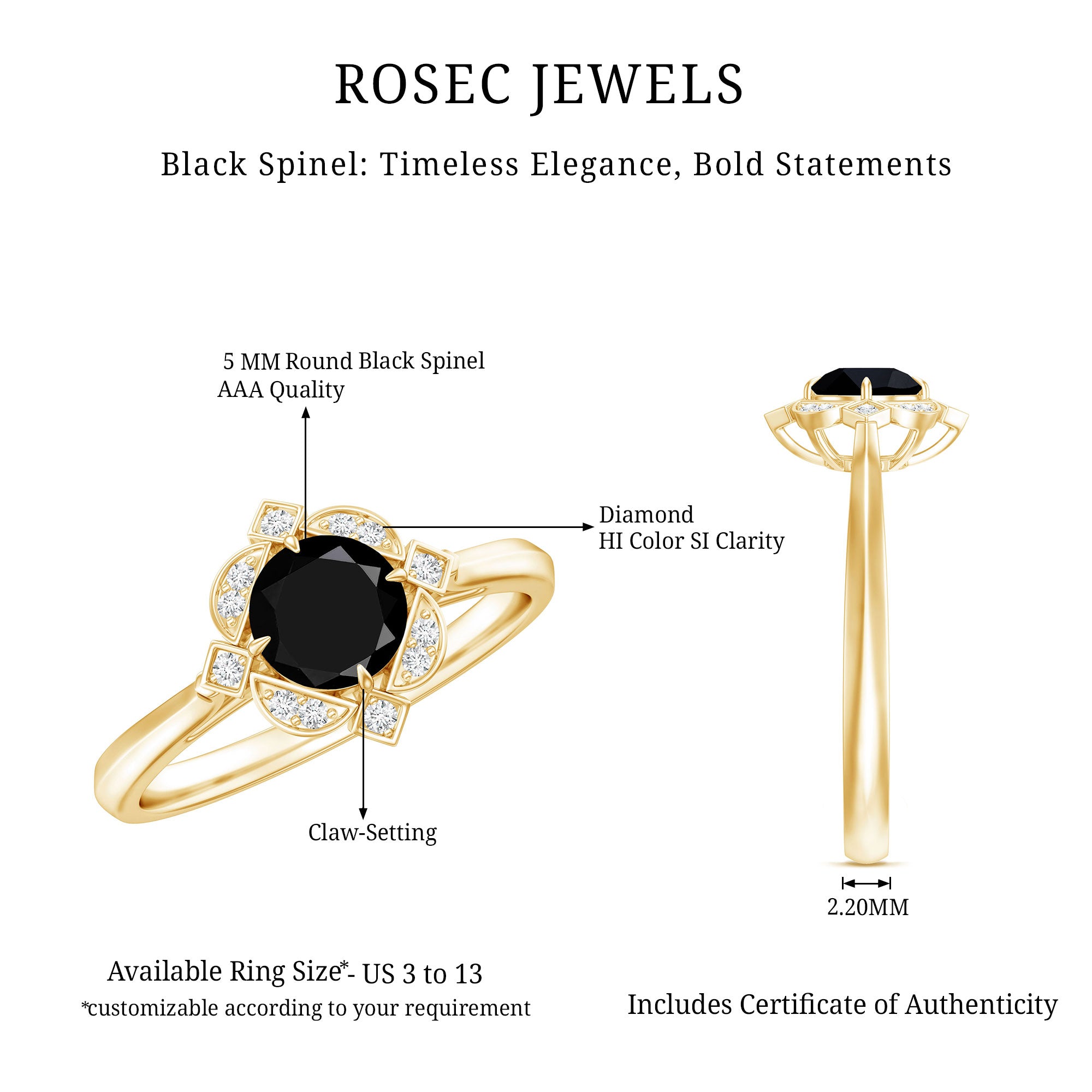 Vintage Style Black Spinel Engagement Ring with Diamond AAA - Rosec Jewels