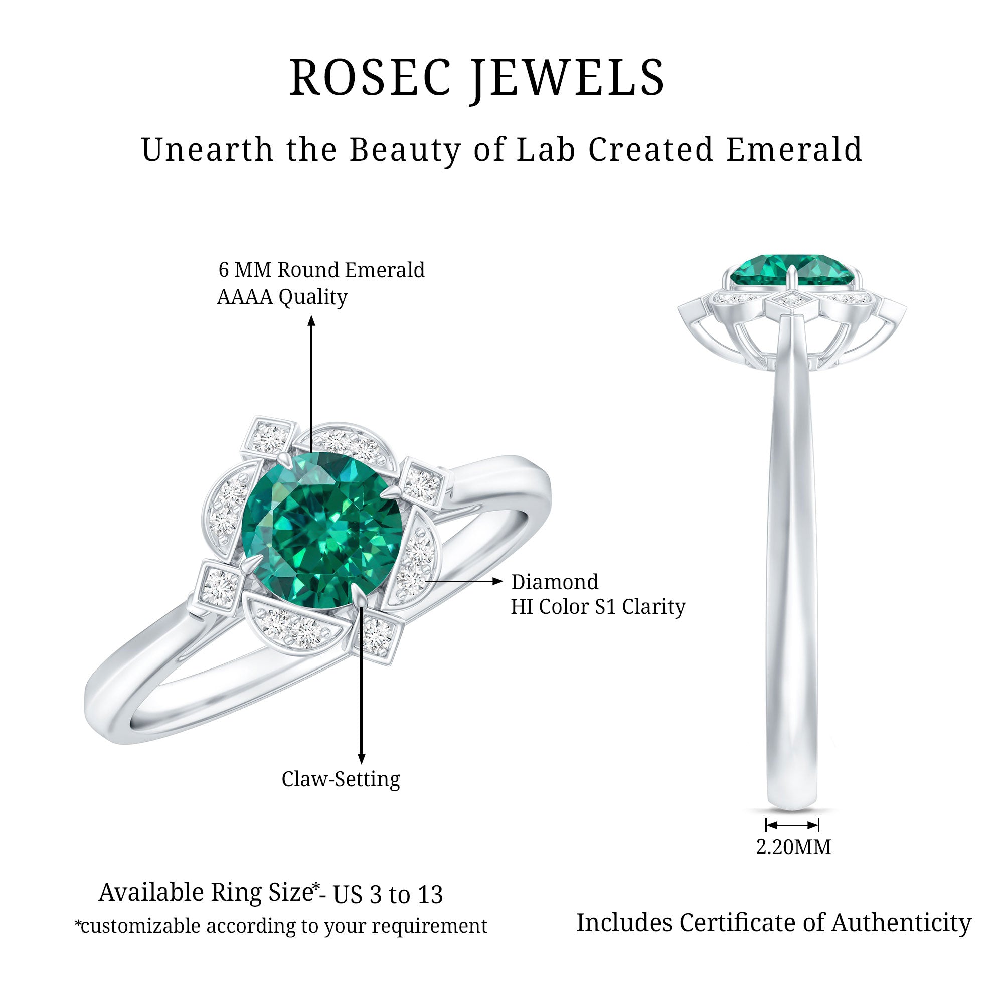 Rosec Jewels-Lab Grown Emerald and Diamond Art Deco Engagement Ring
