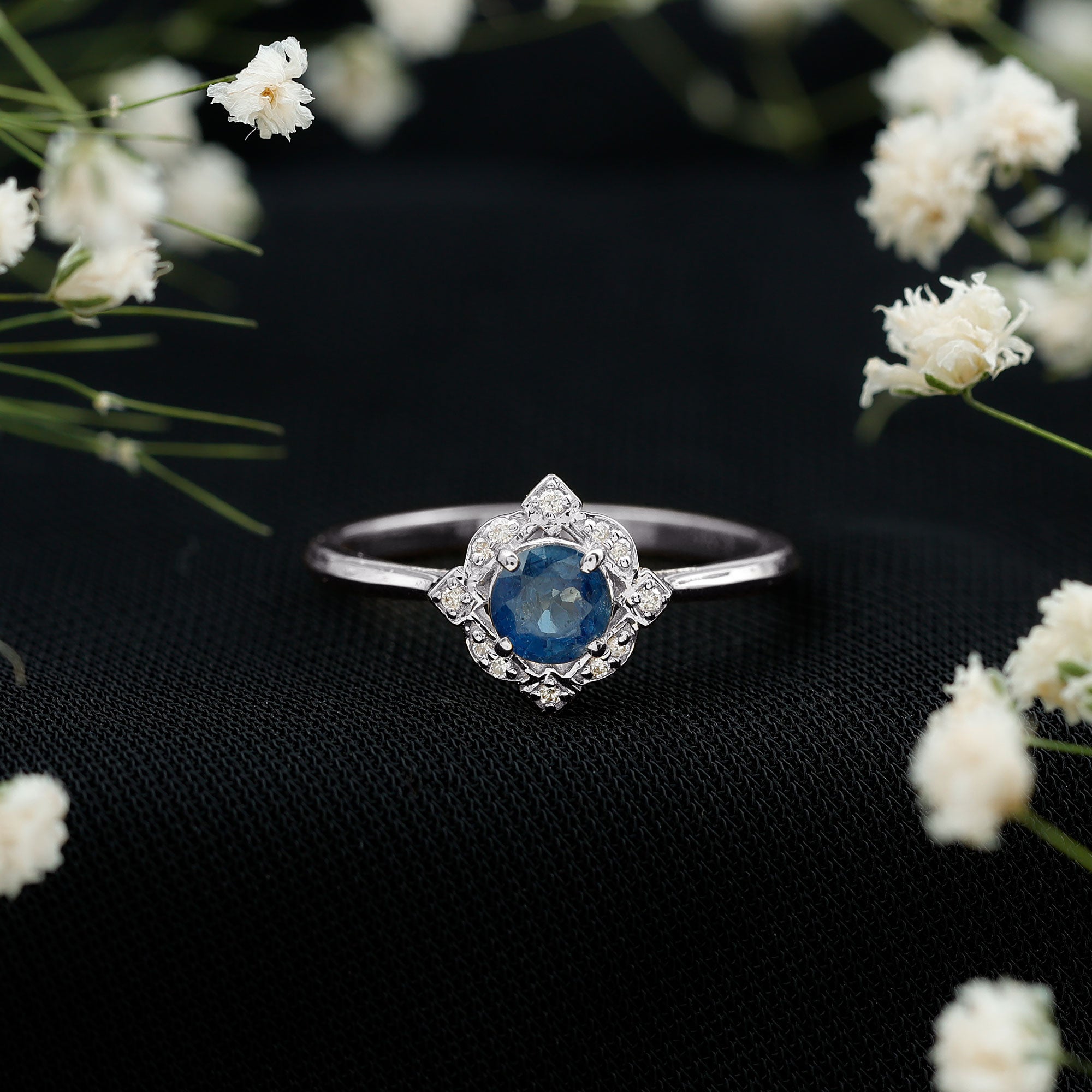 Vintage Style 0.9 Carat Blue Sapphire Engagement Ring with Diamond Halo AAA - Rosec Jewels