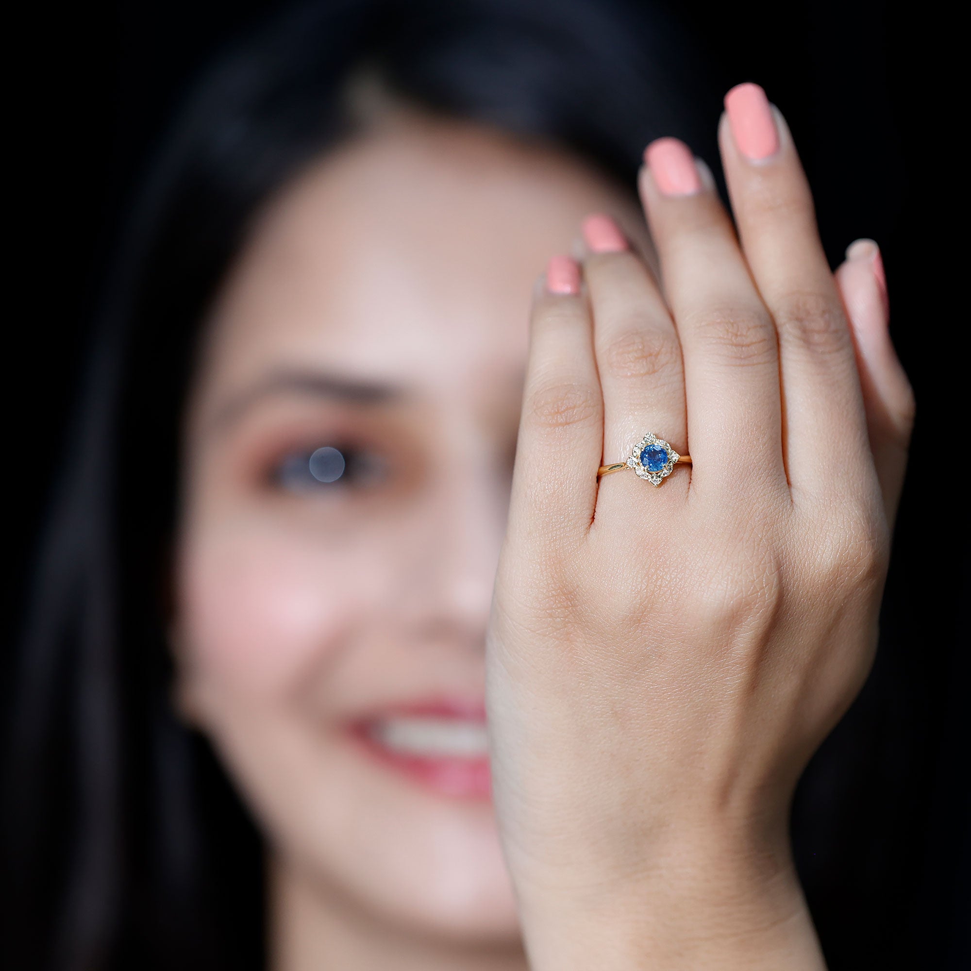 Vintage Style 0.9 Carat Blue Sapphire Engagement Ring with Diamond Halo AAA - Rosec Jewels