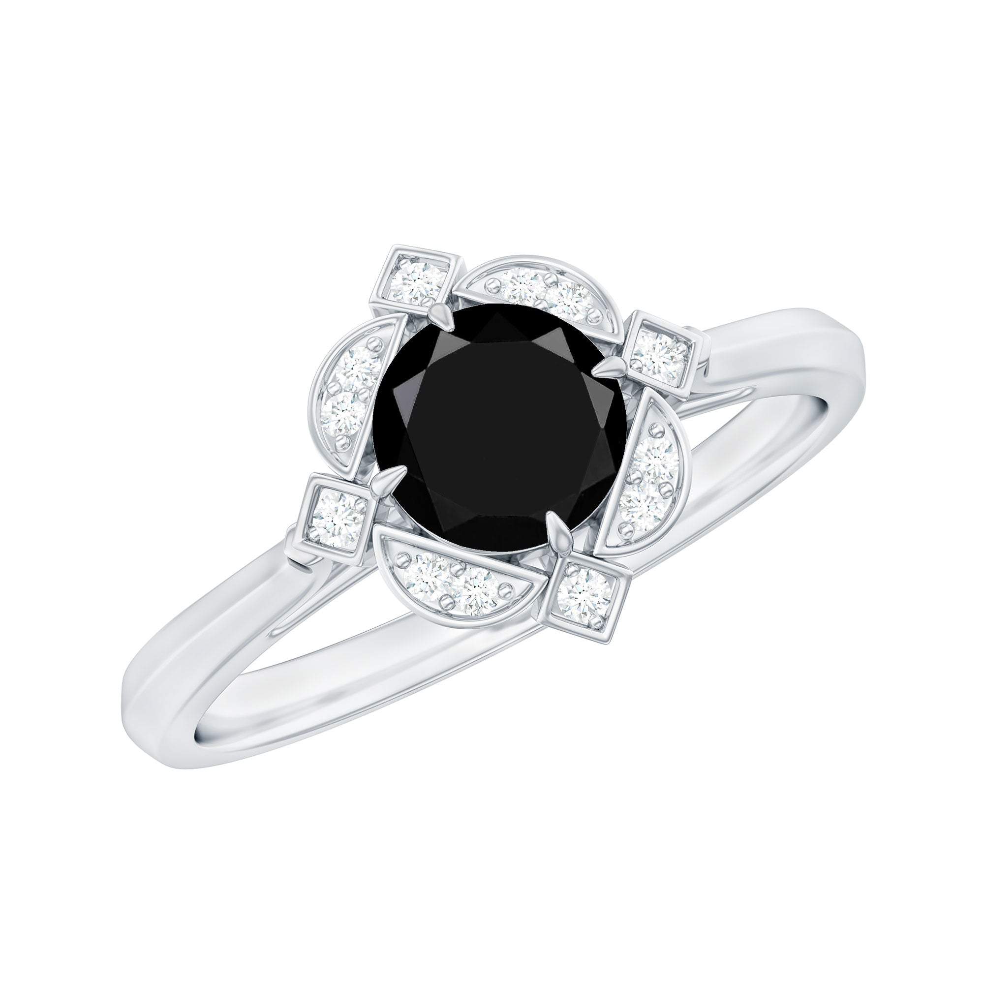 Round Cut Black Onyx and Diamond Flower Engagement Ring