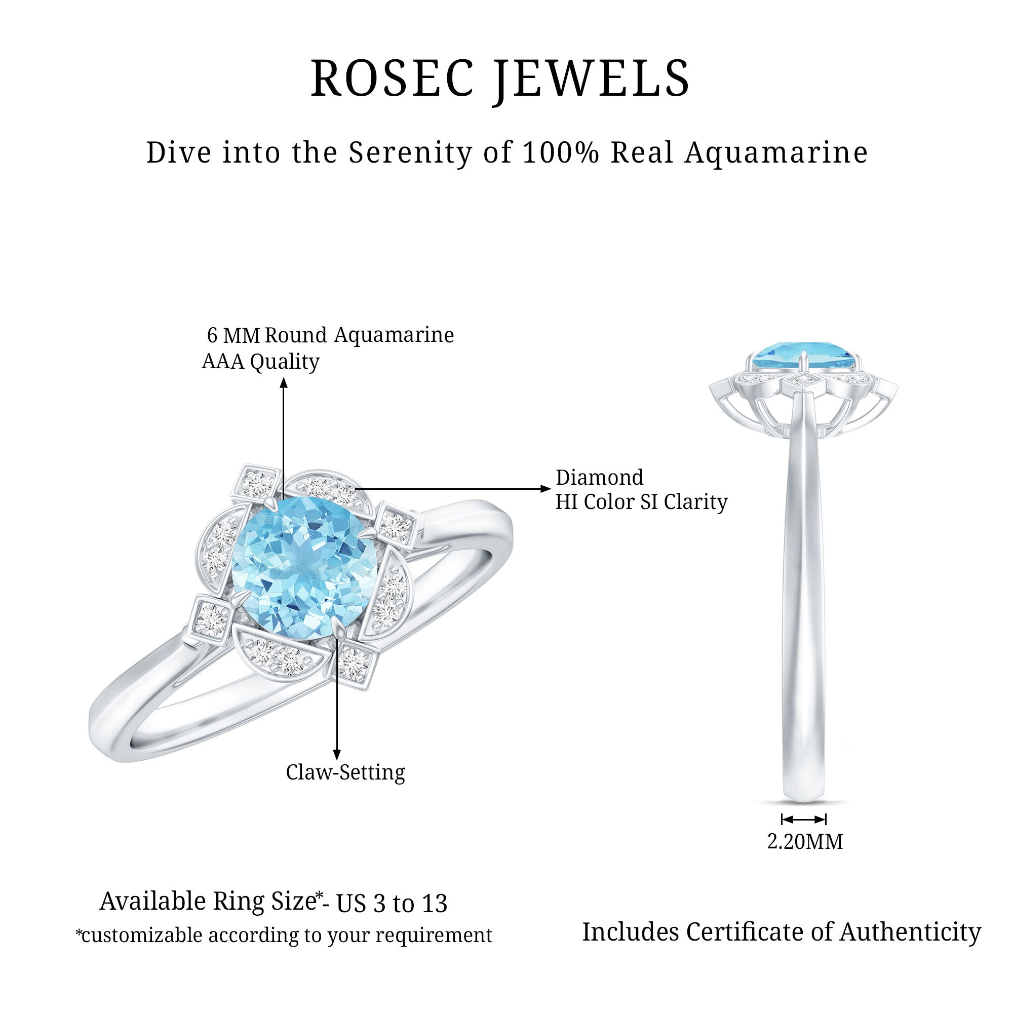 Vintage Inspired Aquamarine and Diamond Engagement Ring with Certificate AAA - Rosec Jewels