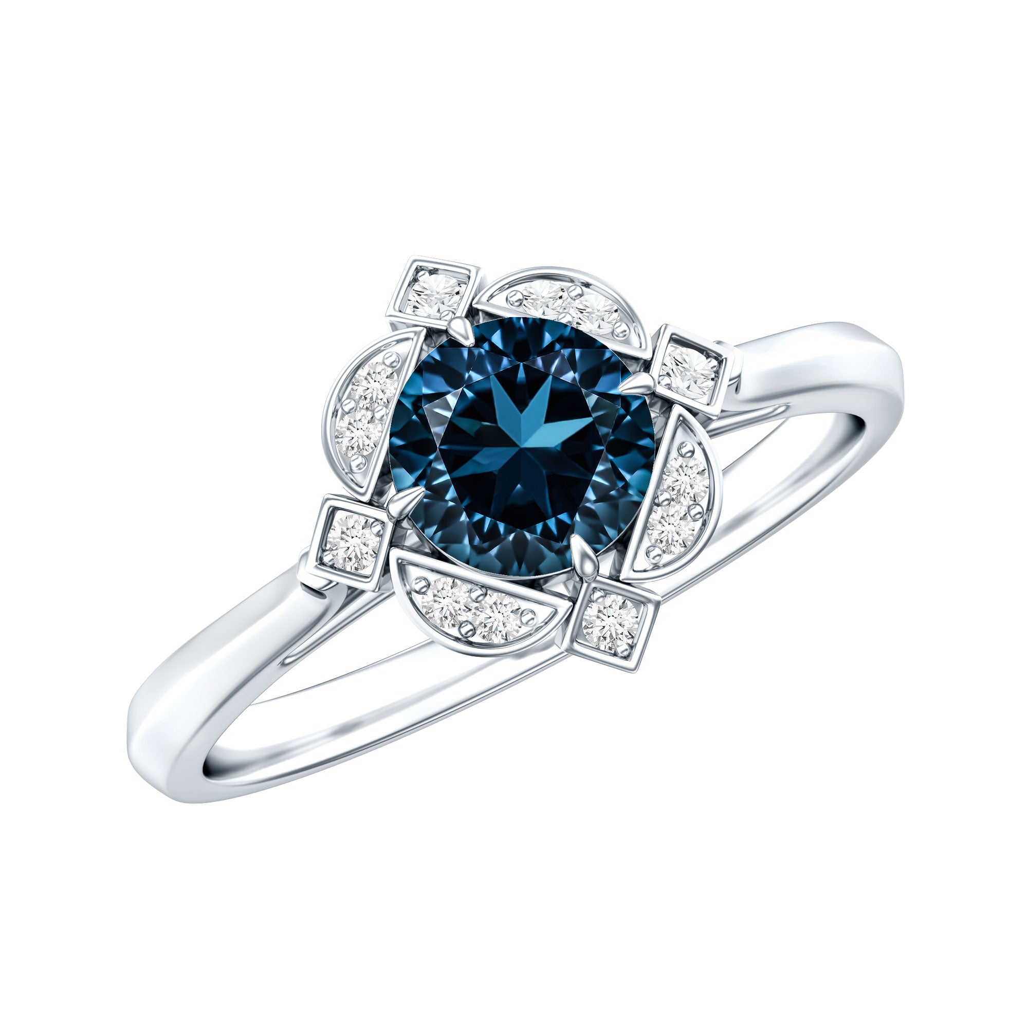 Rosec Jewels-Round Cut London Blue Topaz and Diamond Flower Engagement Ring