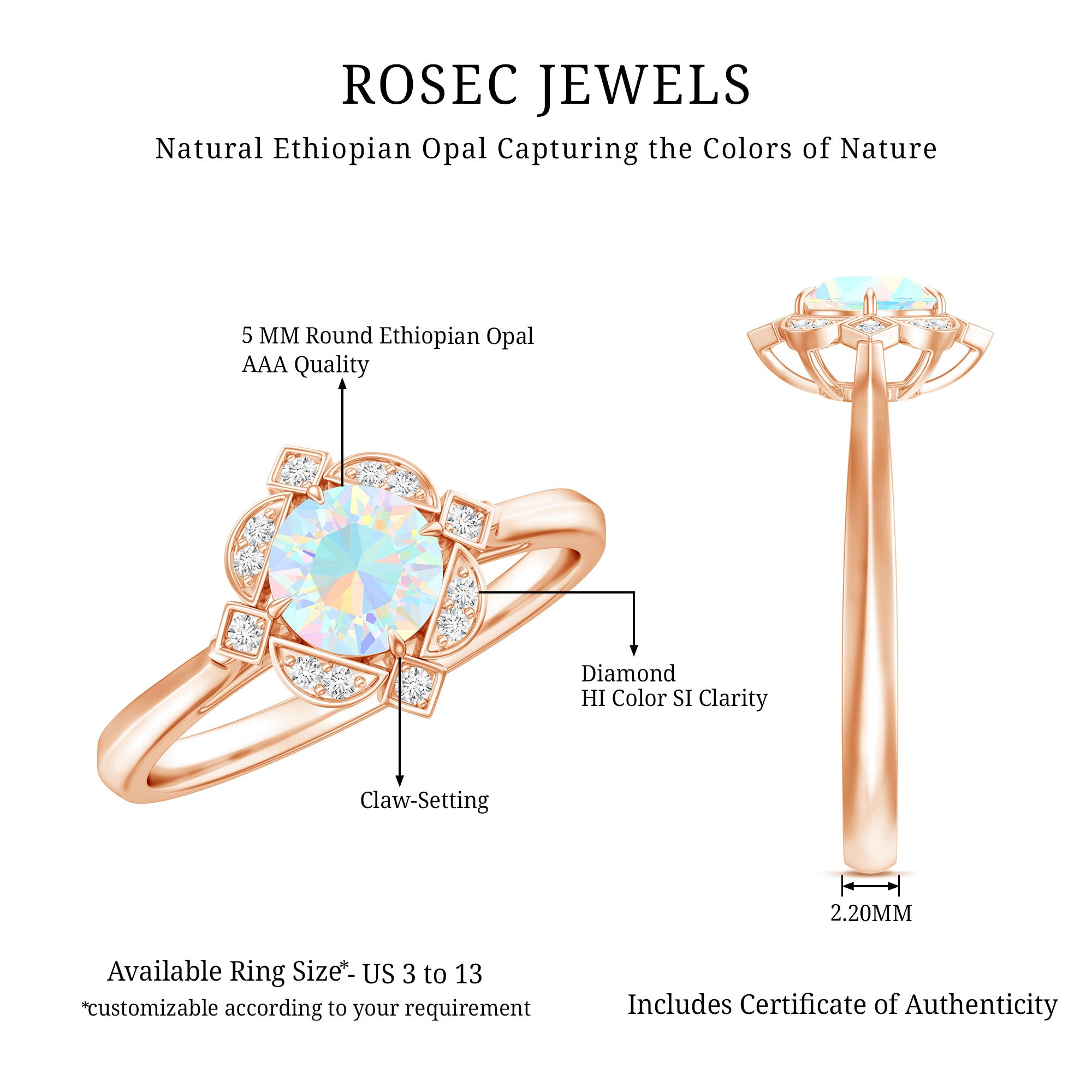 Real Ethiopian Opal Vintage Looking Engagement Ring with Diamond AAA - Rosec Jewels