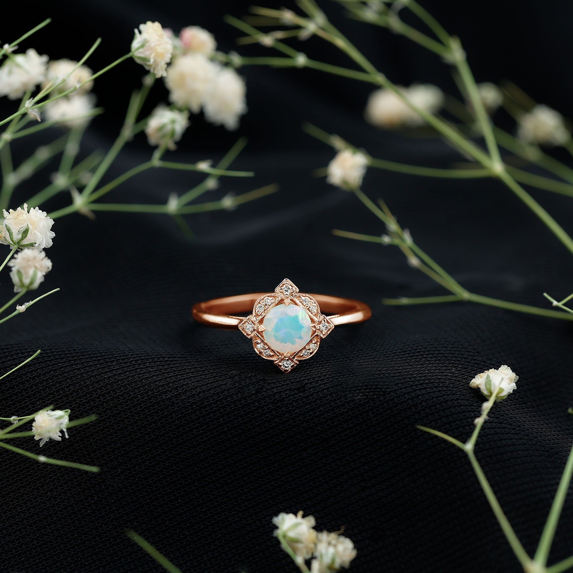 Real Ethiopian Opal Vintage Looking Engagement Ring with Diamond AAA - Rosec Jewels