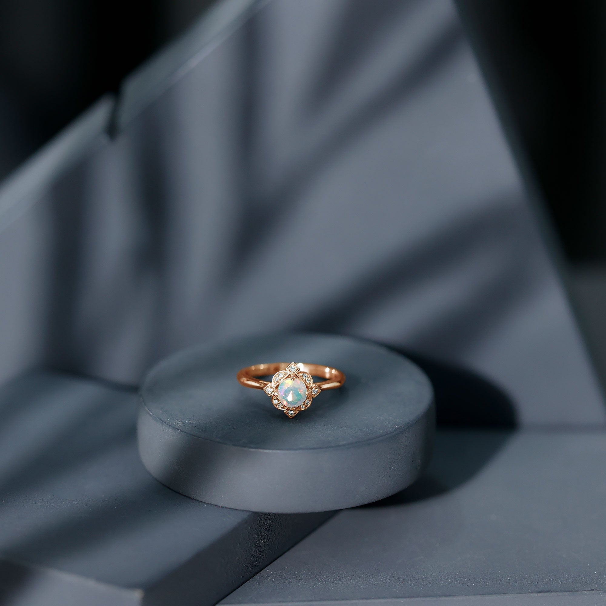 Real Ethiopian Opal Vintage Looking Engagement Ring with Diamond AAA - Rosec Jewels