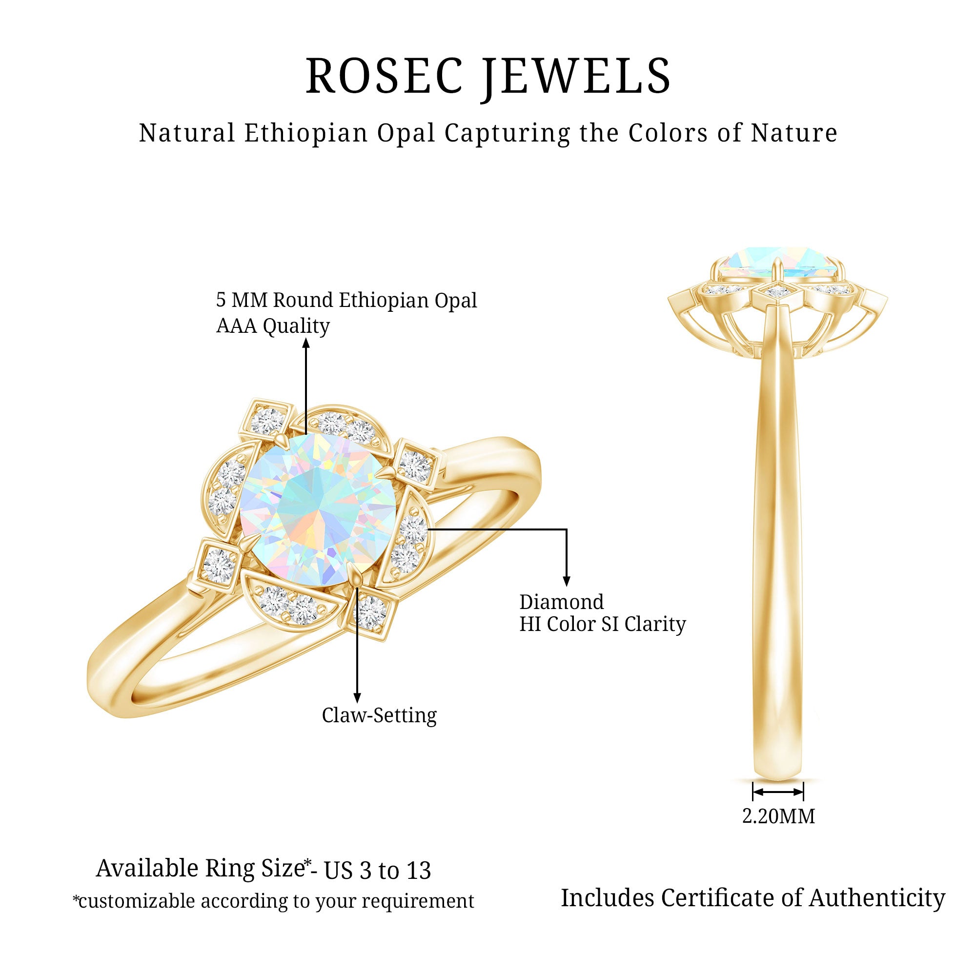Real Ethiopian Opal Vintage Looking Engagement Ring with Diamond AAA - Rosec Jewels