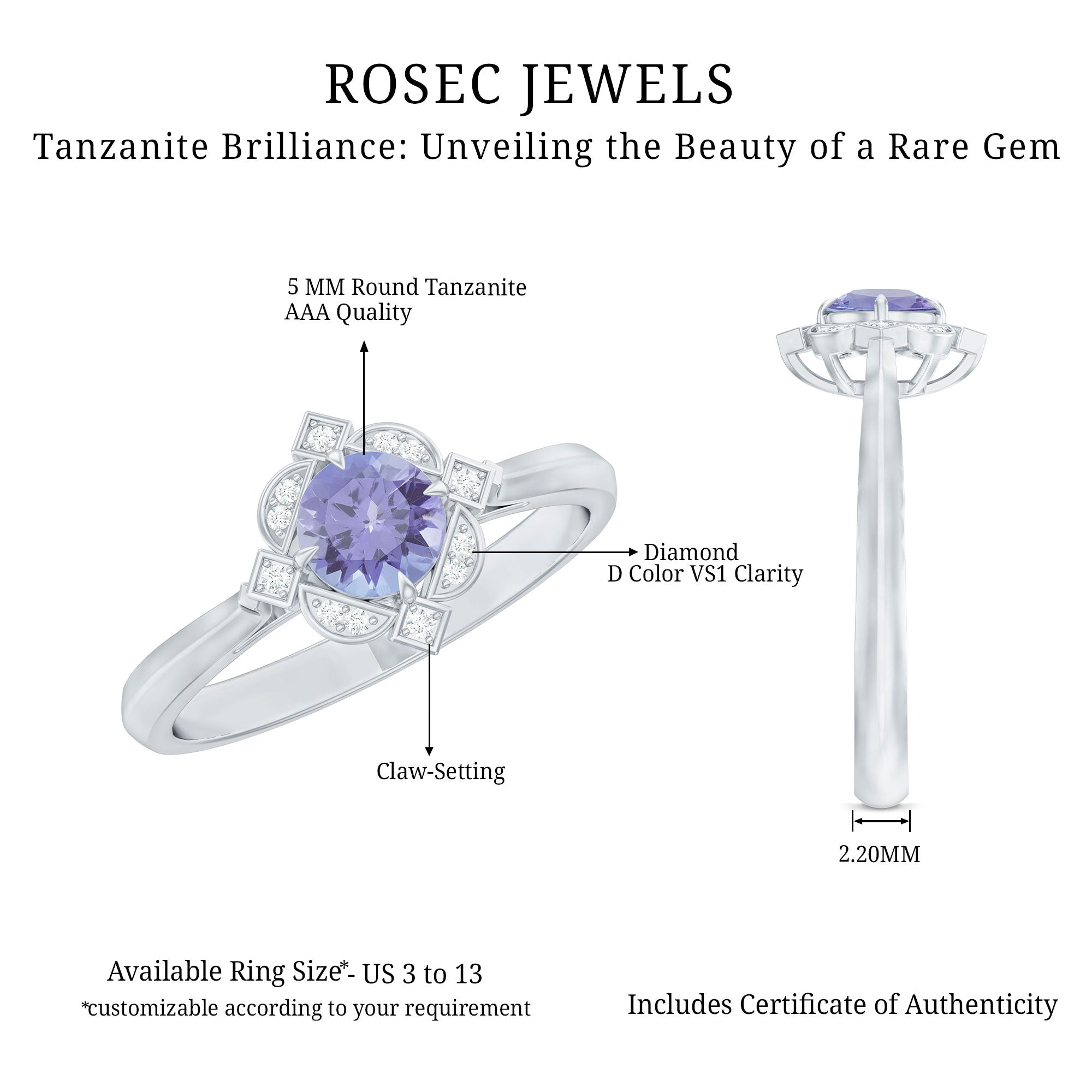 Real Tanzanite Flower Engagement Ring With Diamond AAA - Rosec Jewels