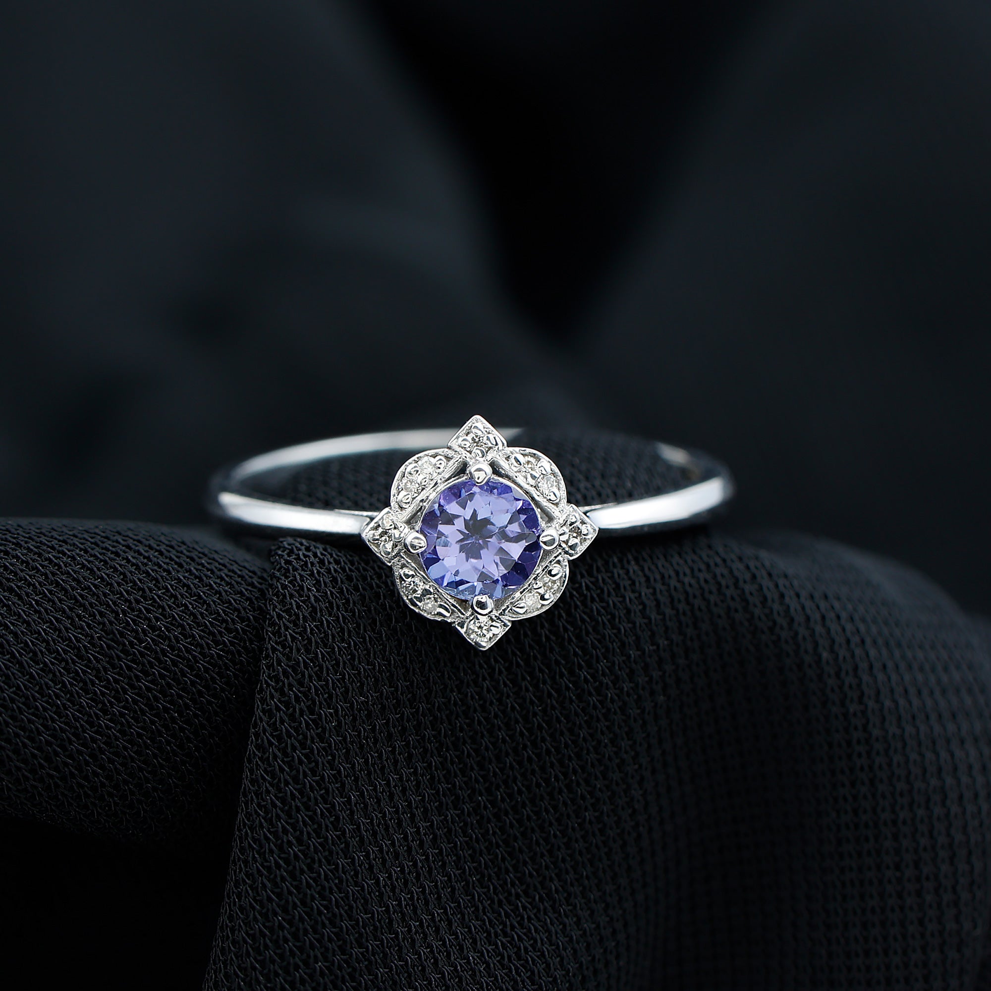 Real Tanzanite Flower Engagement Ring With Diamond AAA - Rosec Jewels