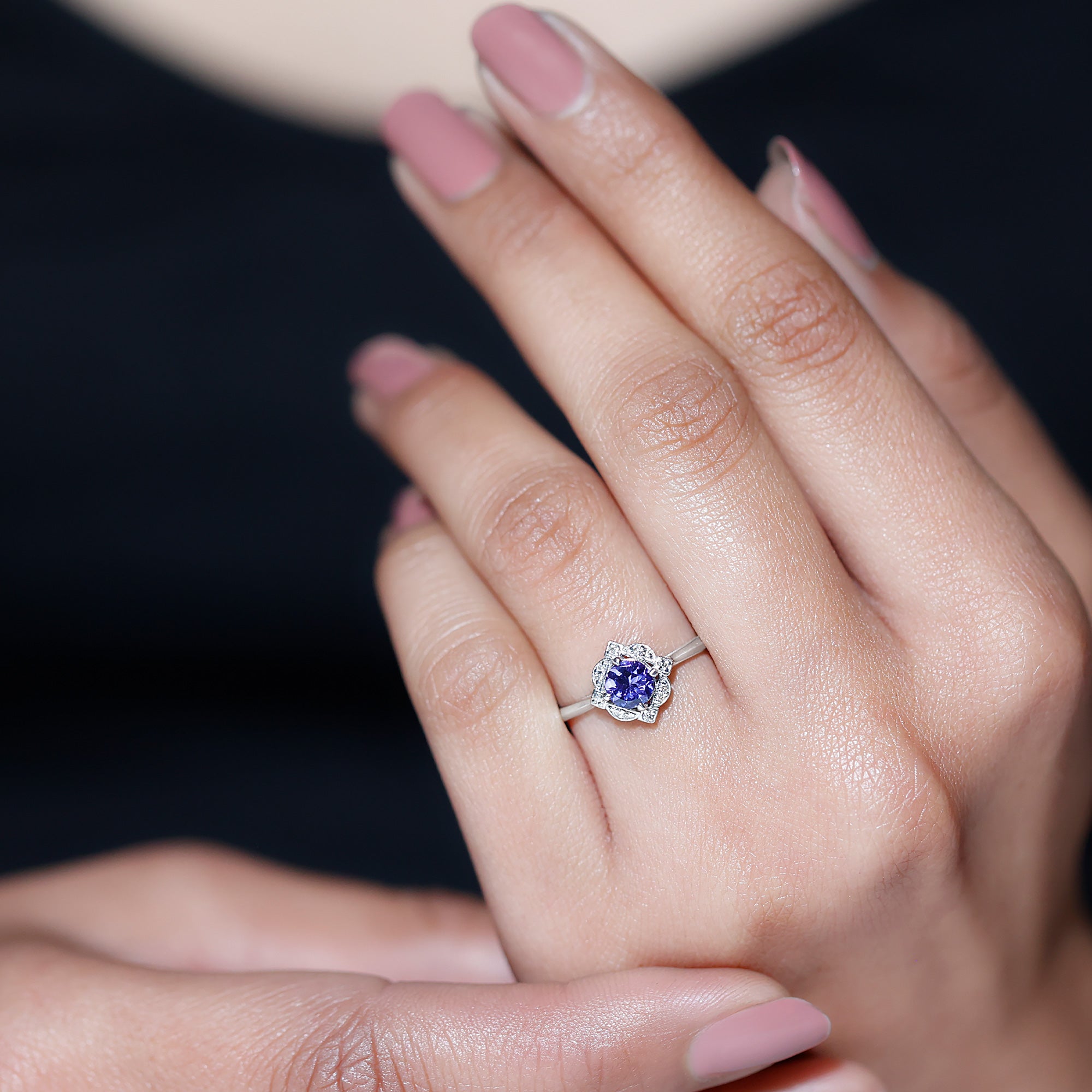 Real Tanzanite Flower Engagement Ring With Diamond AAA - Rosec Jewels