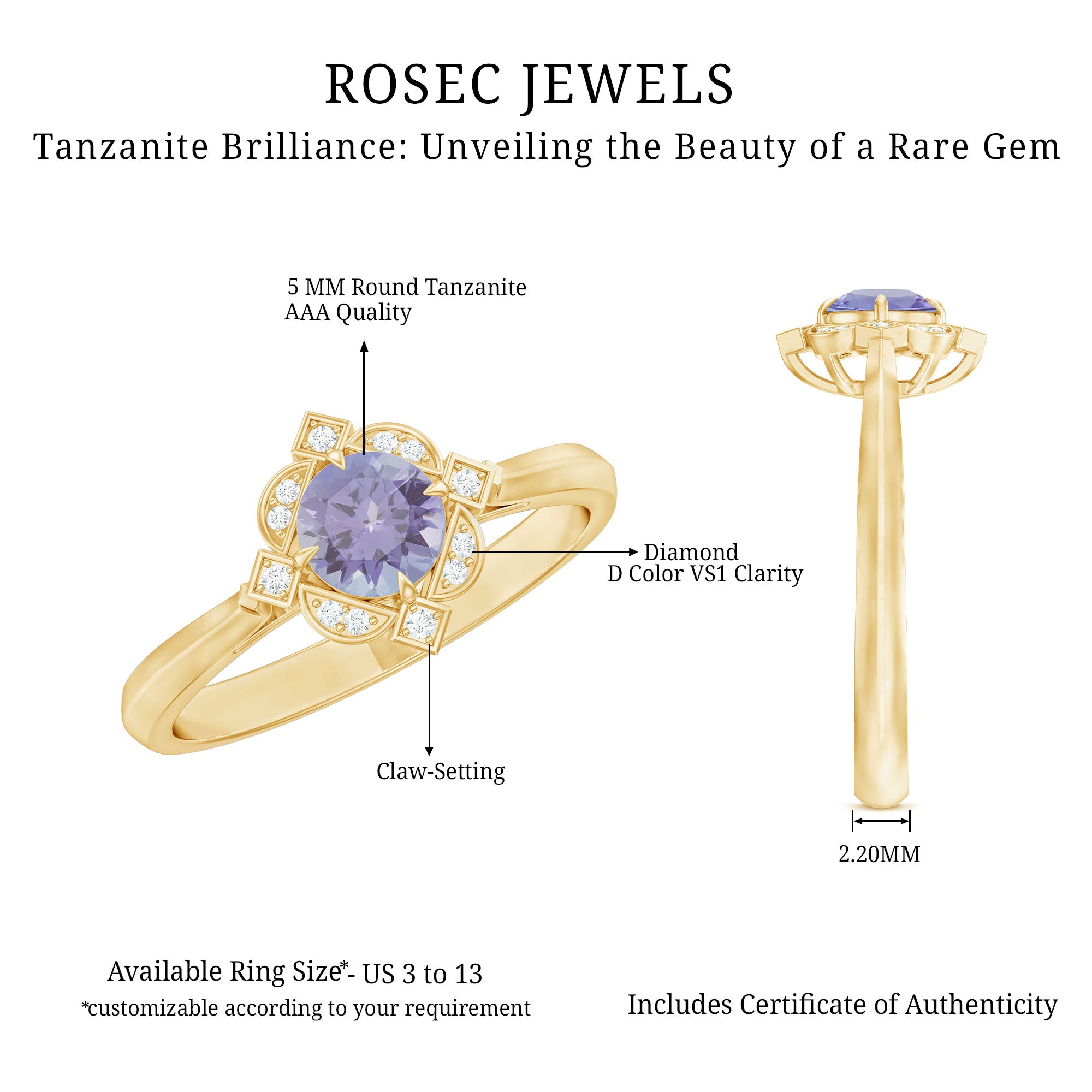 Real Tanzanite Flower Engagement Ring With Diamond AAA - Rosec Jewels