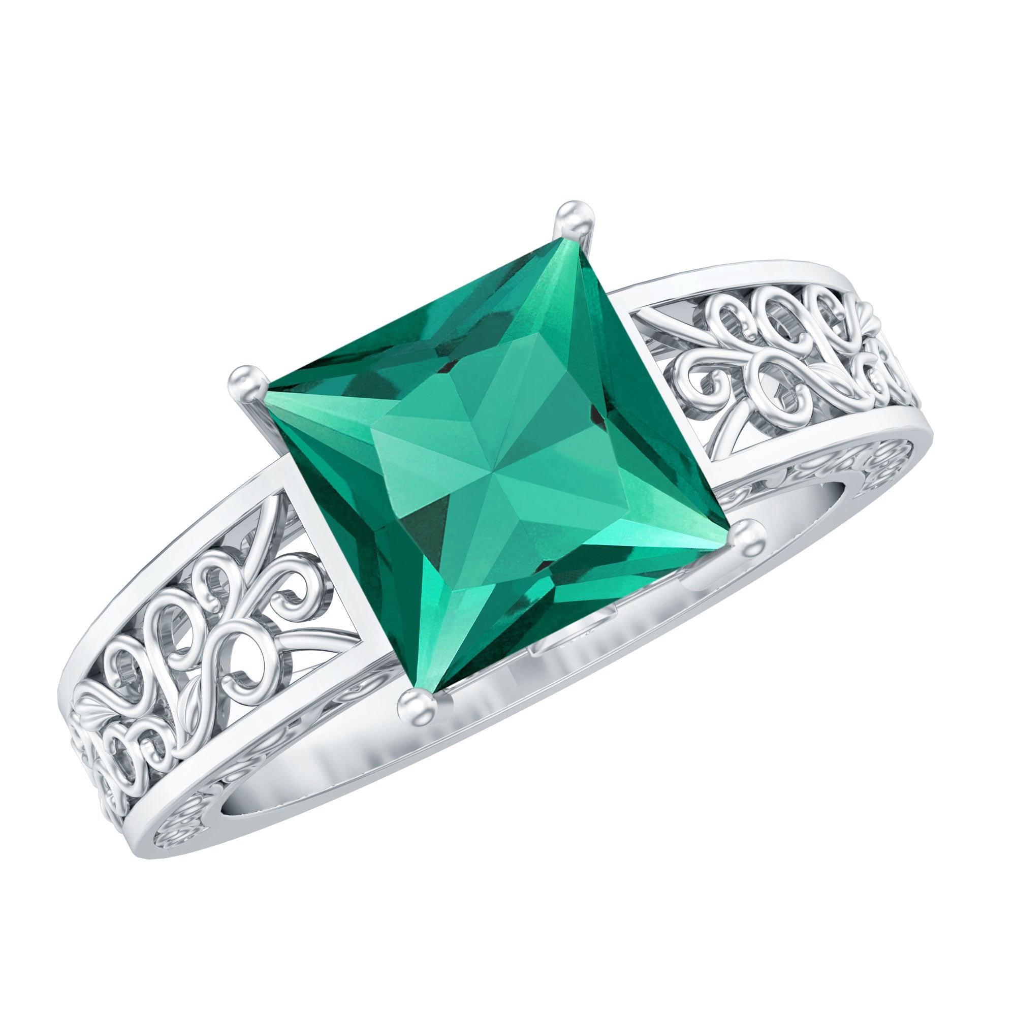 Certified 8 mm Princess Cut Lab Grown Emerald Filigree Engagement Ring