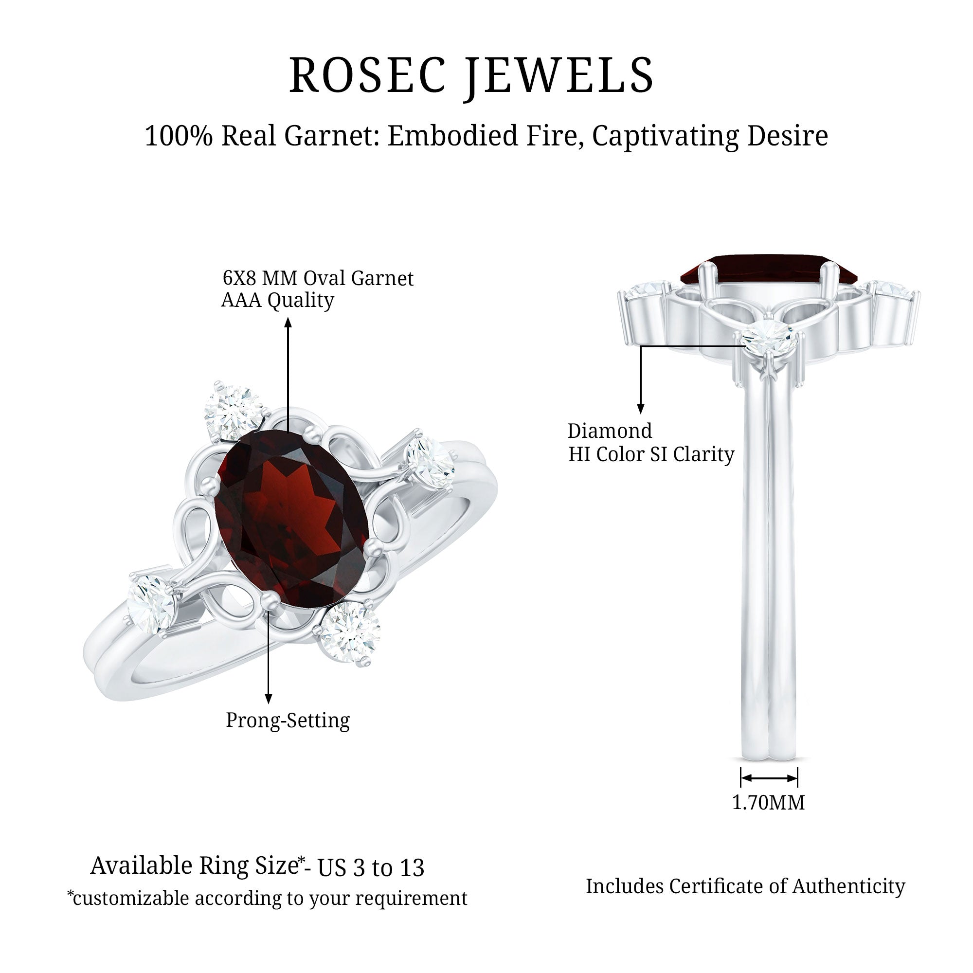 Vintage looking 1.5 Carat Oval Garnet Engagement Ring with Diamond AAA - Rosec Jewels