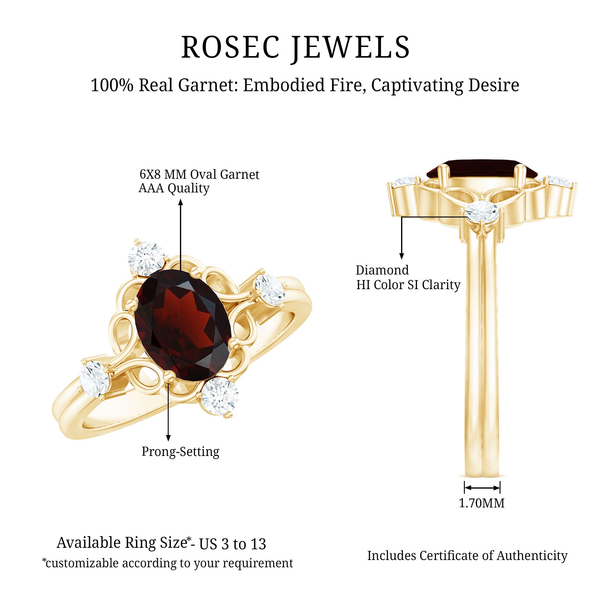 Vintage looking 1.5 Carat Oval Garnet Engagement Ring with Diamond AAA - Rosec Jewels