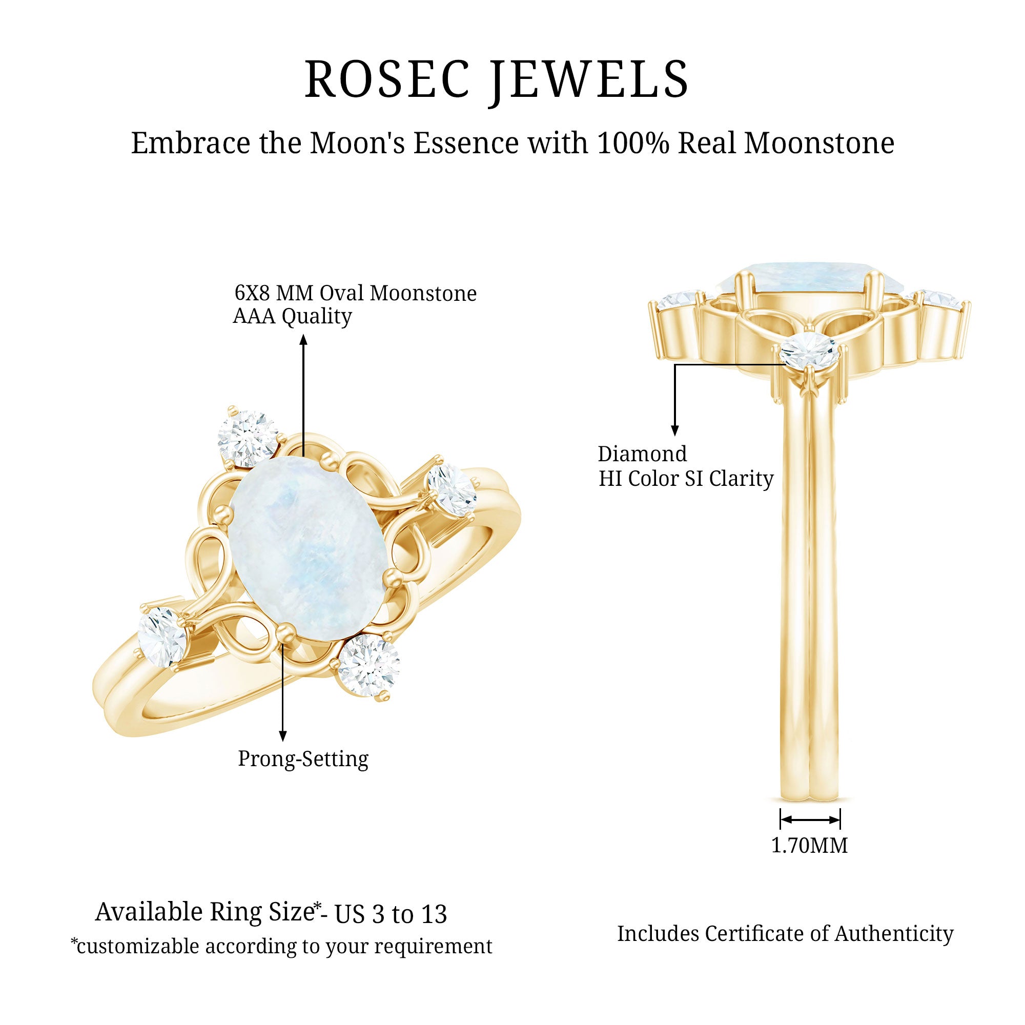Oval Moonstone Cocktail Ring with Diamond AAA - Rosec Jewels