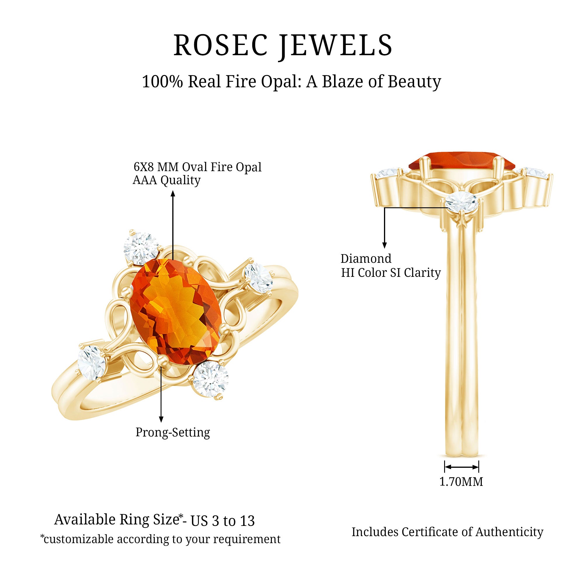 Oval Fire Opal Cocktail Ring with Diamond AAA - Rosec Jewels